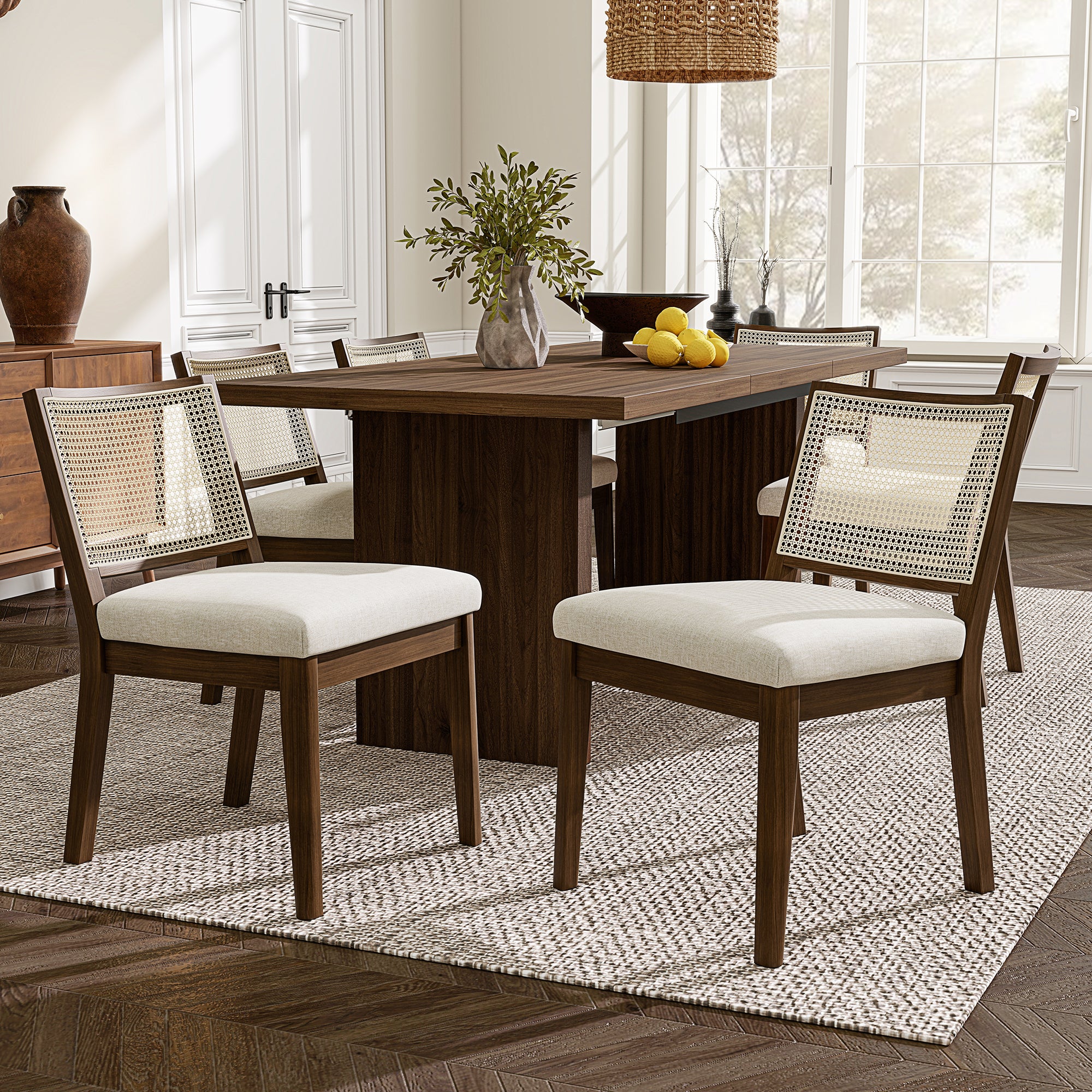 Solid Wood Dining Chairs with Rattan Backrests, Set of 2, Walnut and Linen