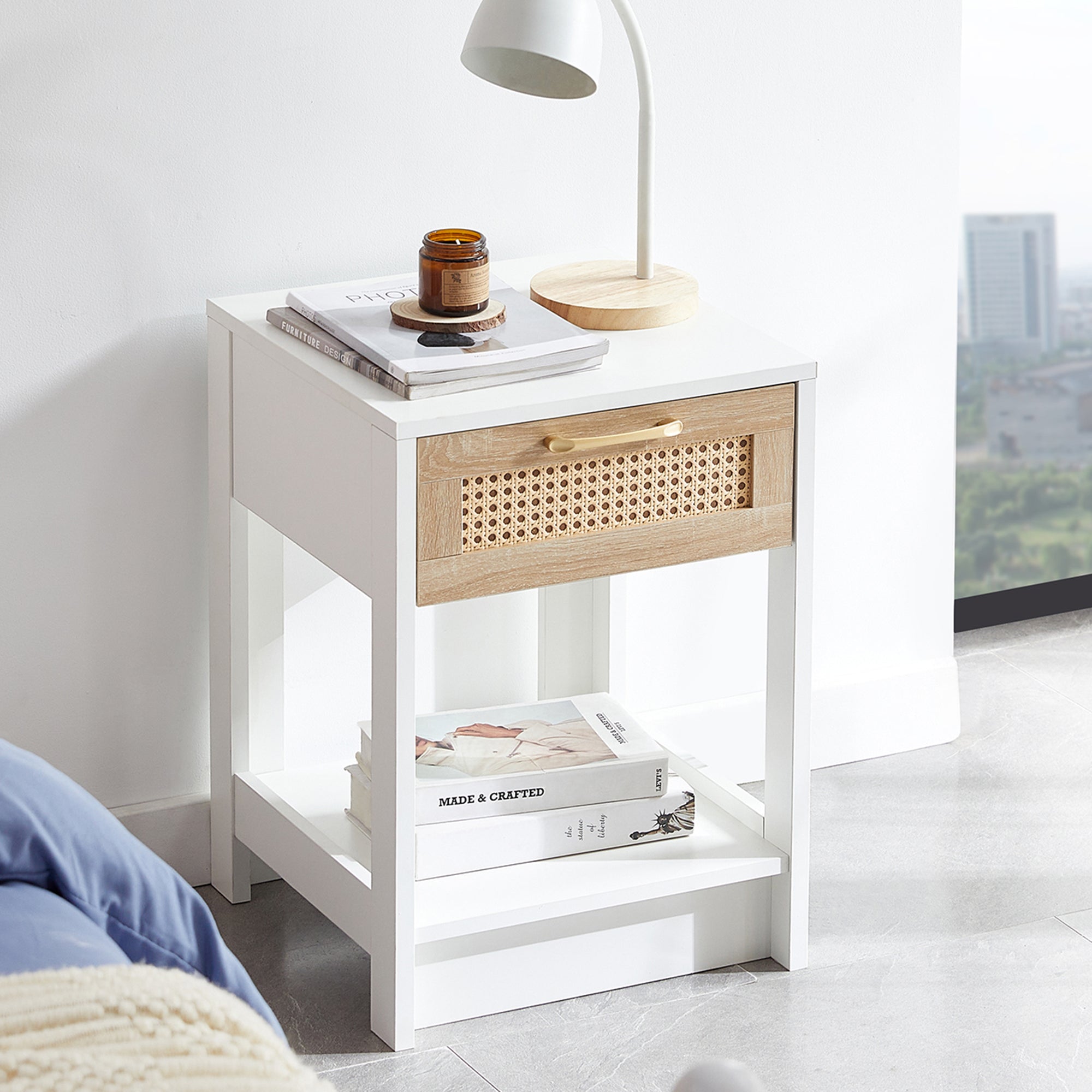 Rattan Side/Bedside Table with Drawer Modern - White