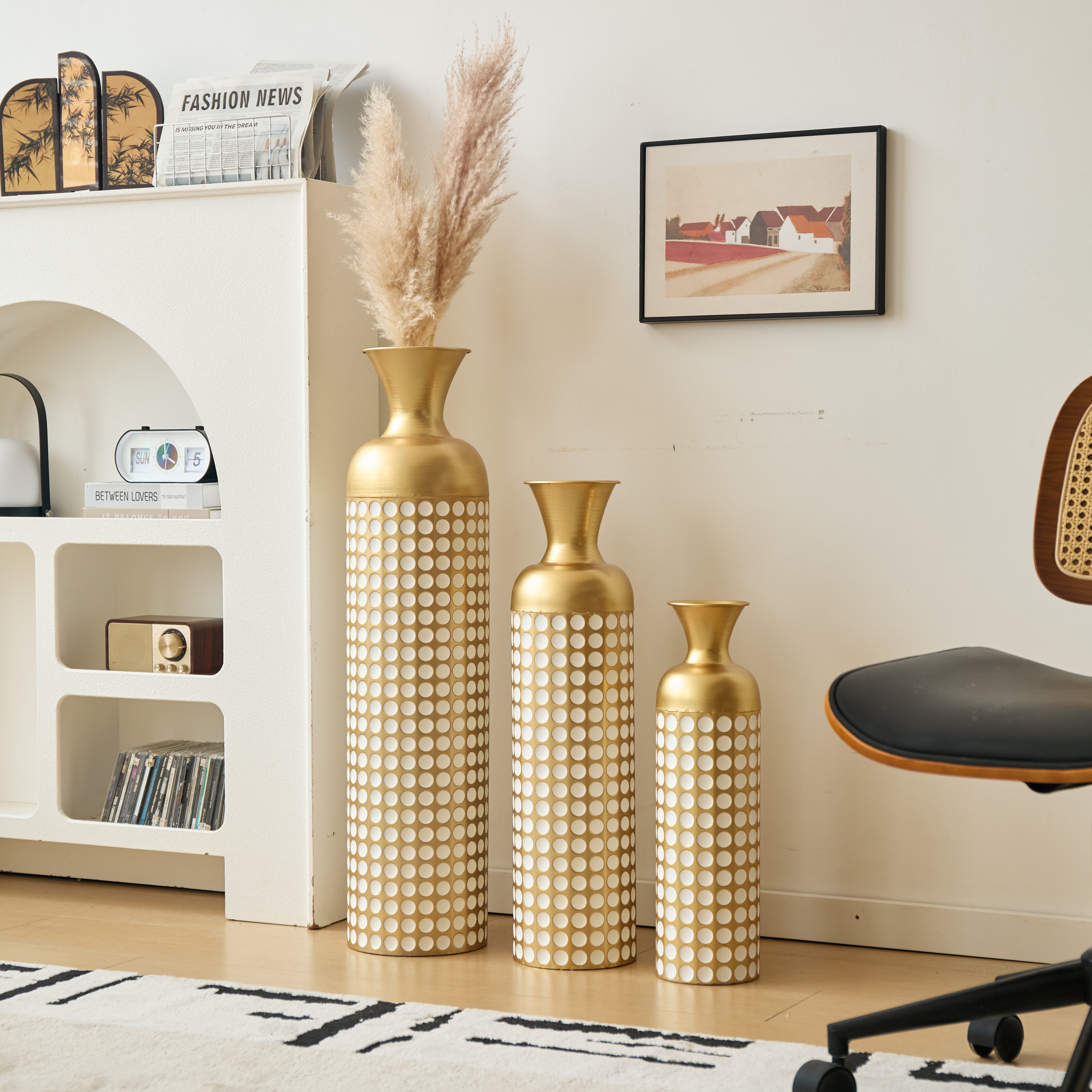 Floor Vase Set, 3 High Retro Vases 83/65/50cm, Decorative Metal Antique Gold