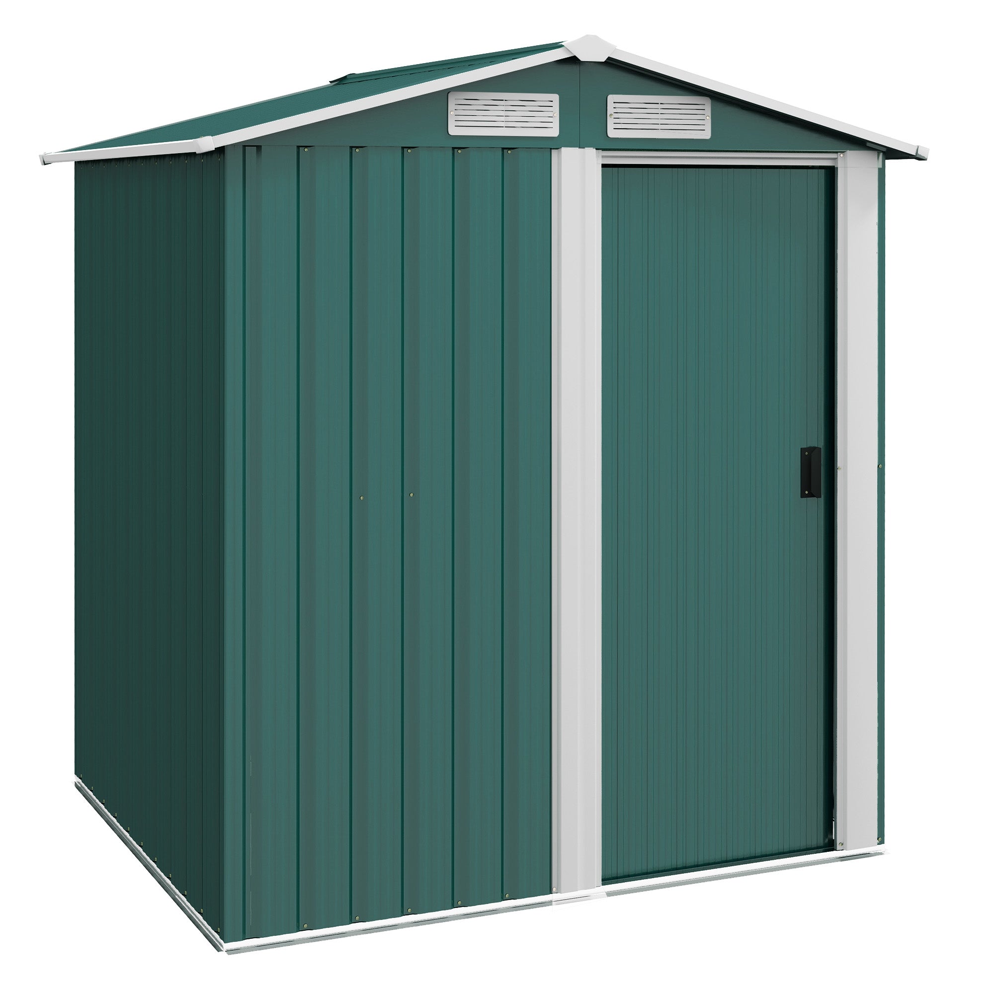 Garden Metal Tool Storage Shed with Sliding Door, Sloped Roof and Floor Foundation, Green