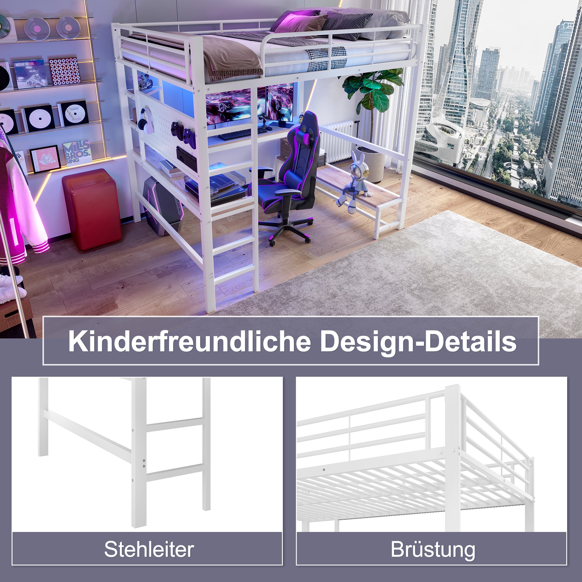 Loft Bed 140x200cm Desk Storage LED USB/Type-C Pegboard - White Iron Frame