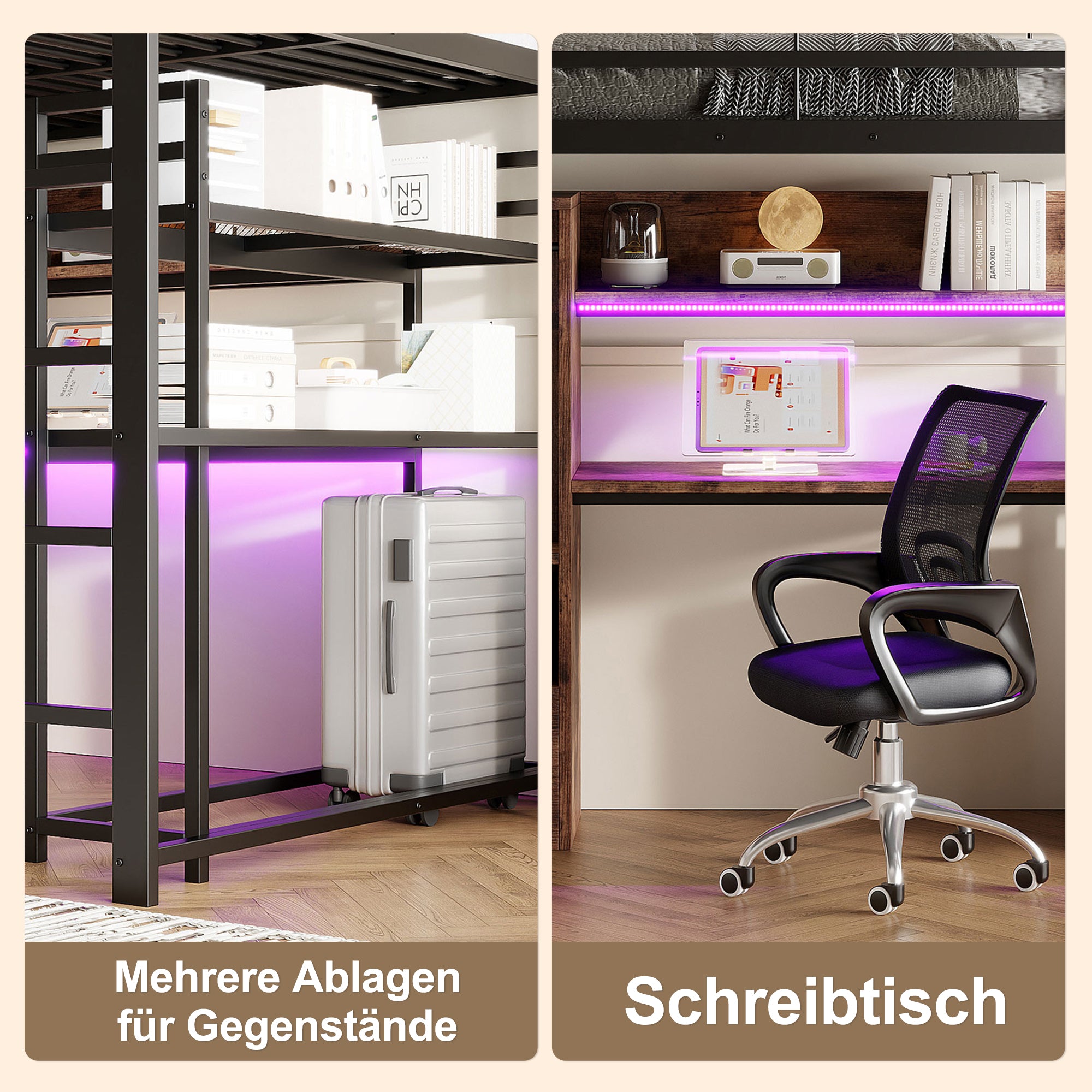 Loft Bed 140x200cm Metal LED Desk Drawer Shelves Stairs - Black