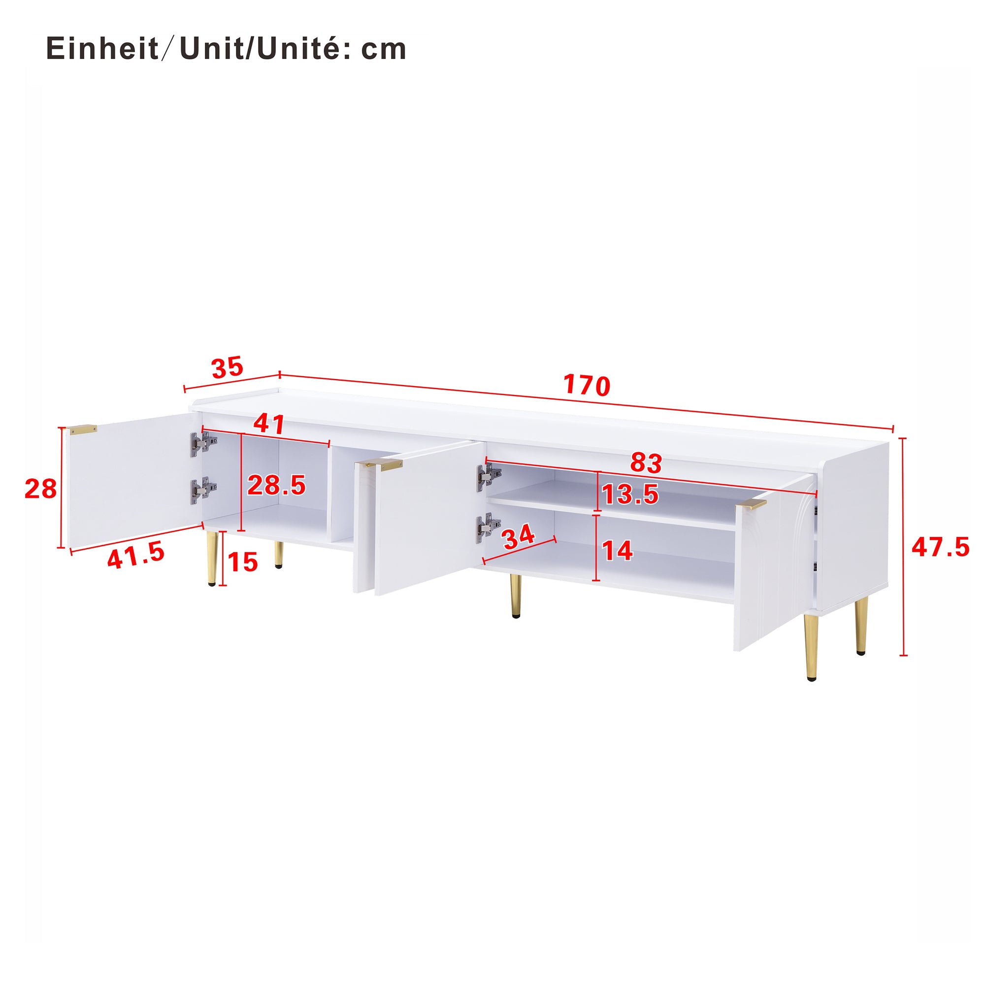TV Cabinet Lowboard, Textured Door, Gold Handles & Feet, 170cm, White/MDF