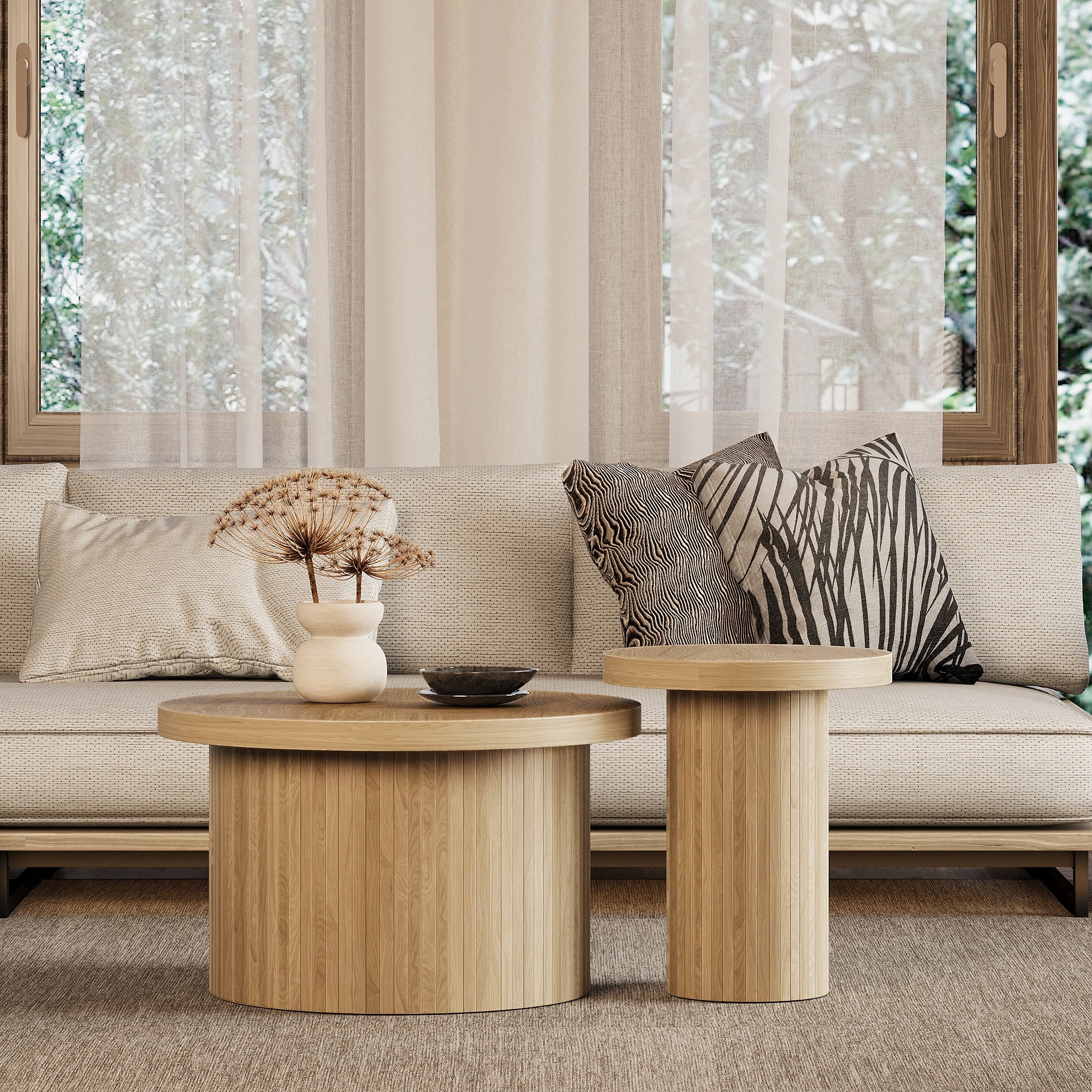 Coffee Table, Double Round Side Table, Natural Wood