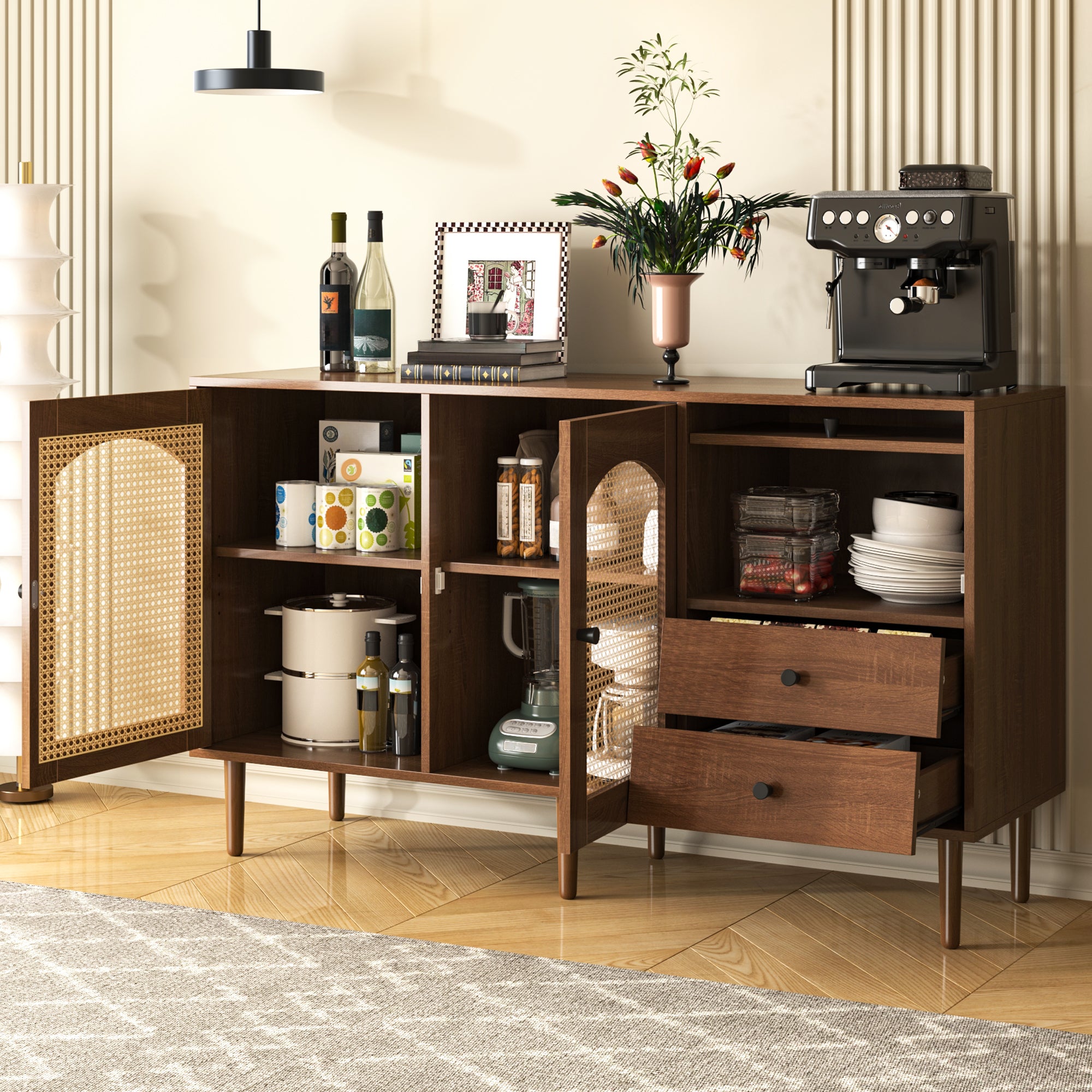 Sideboard, Country-Style with Rattan Doors, Adjustable Shelves, Wood Color
