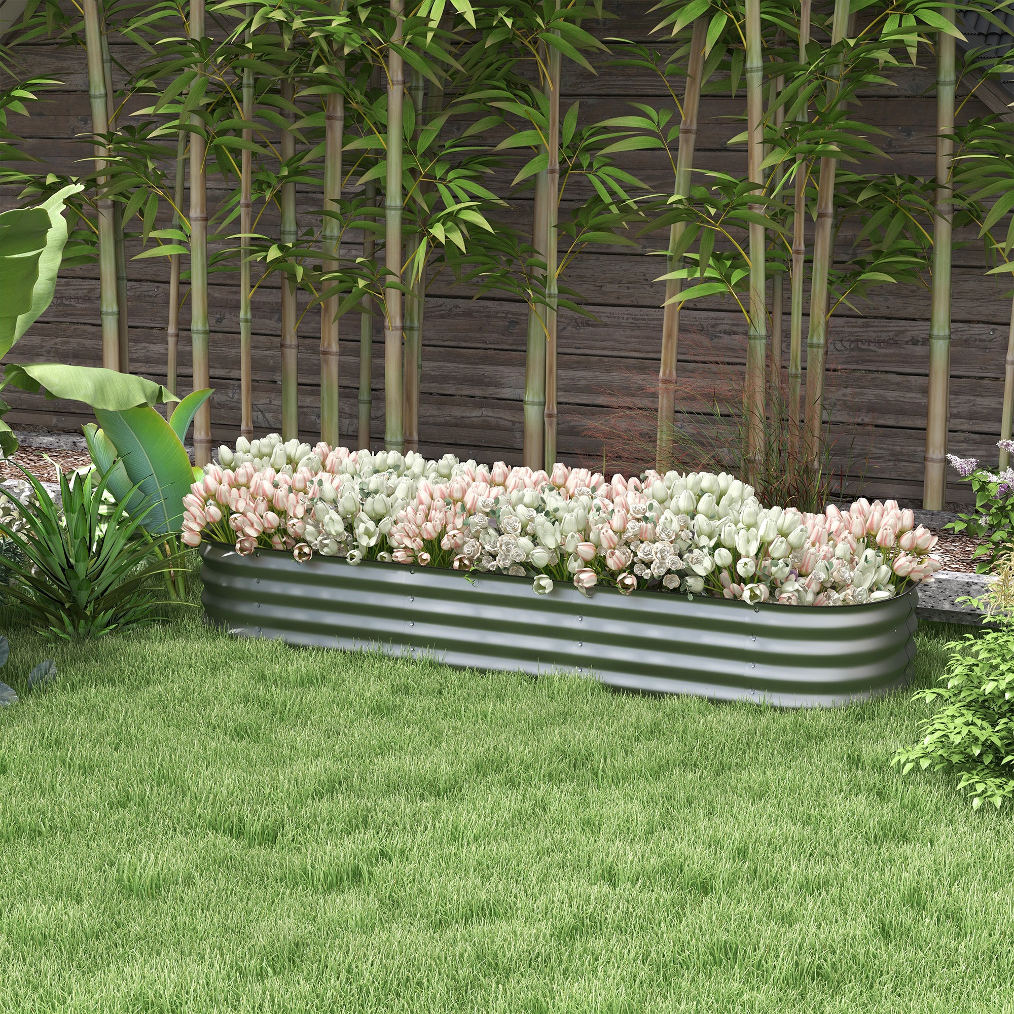 Raised Metal Planter Box 195x62x30cm Open Bottom DIY Flower Box, Silver