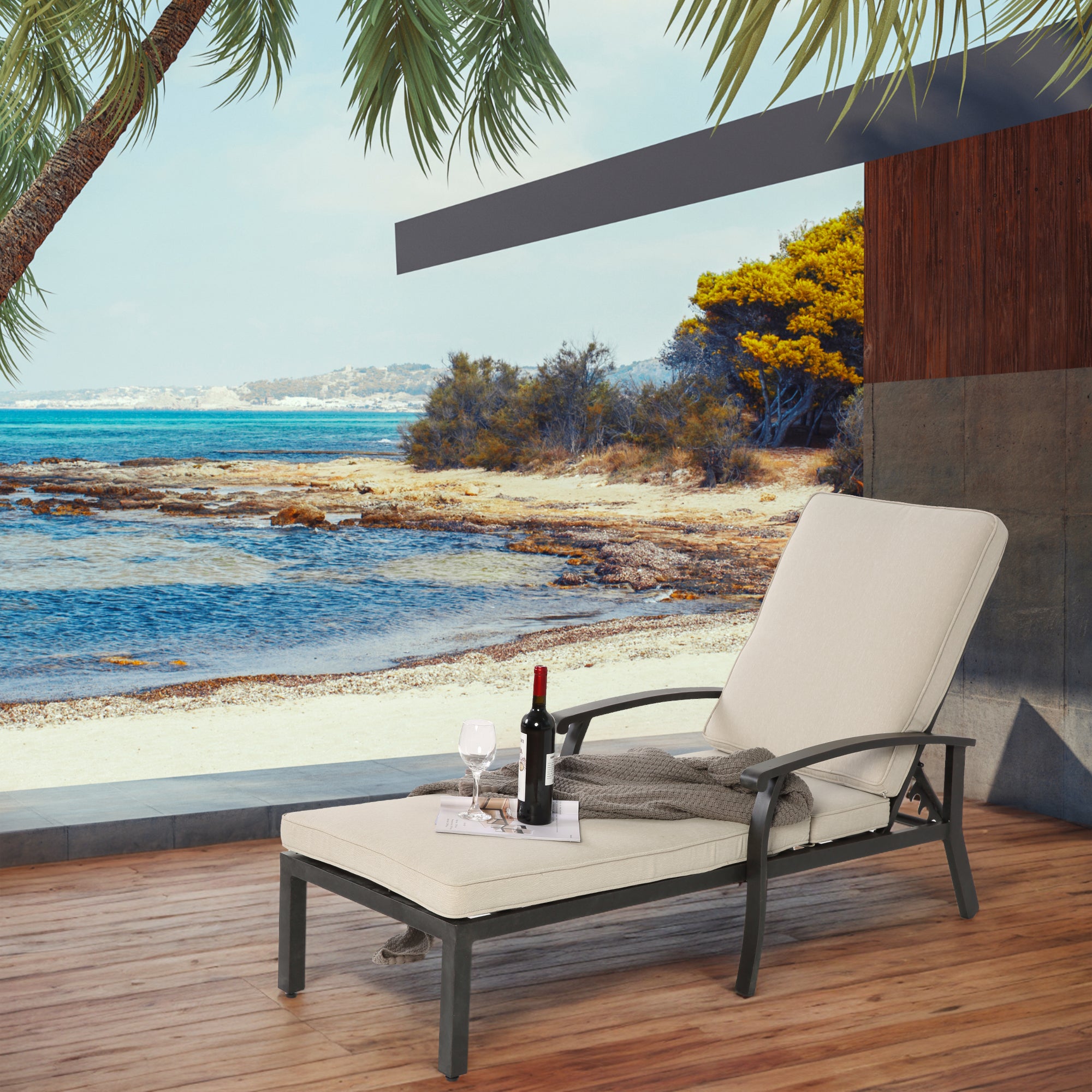 Lounge Patio Chair, Adjustable Recliner Rust-Resistant Aluminum, Beige Cushion