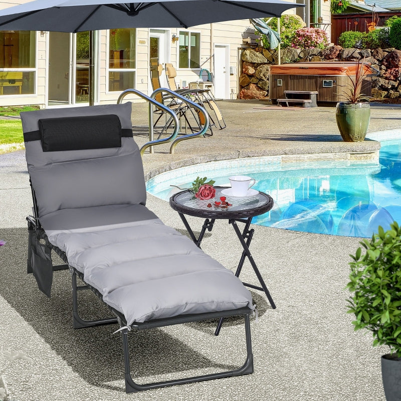 Folding Garden Lounger, 120kg 5-Position Reclining with Headrest, Steel Polyester Light Grey