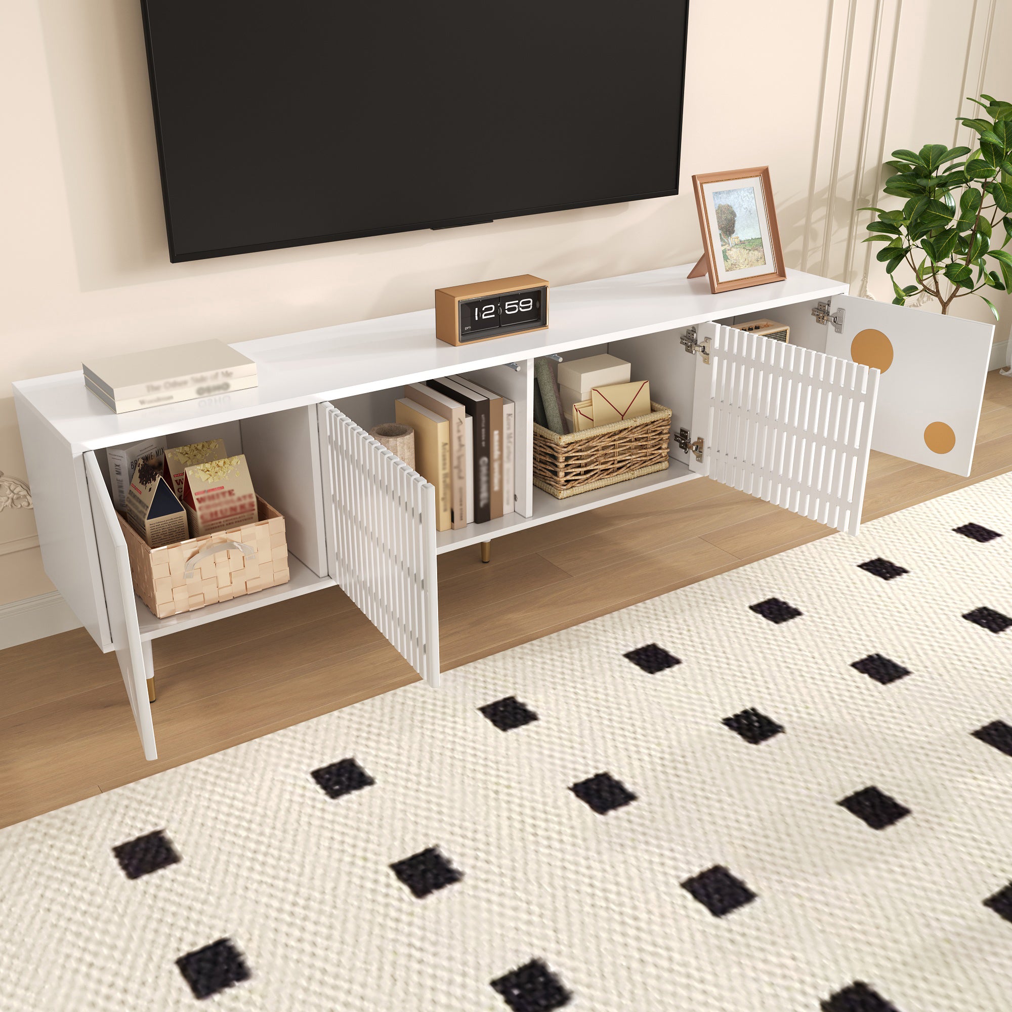 TV Cabinet, Lattice & Hidden Handles, Solid Wood Doors, Gold Decor