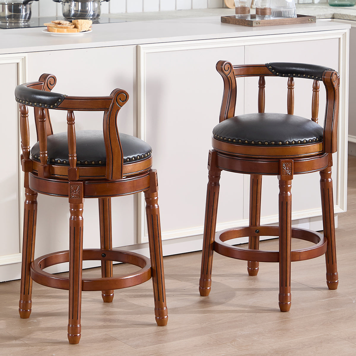 Cow Top Leather Wooden Bar Stools, 360 Degree Swivel with Backs, Bar/Counter Height, Leather