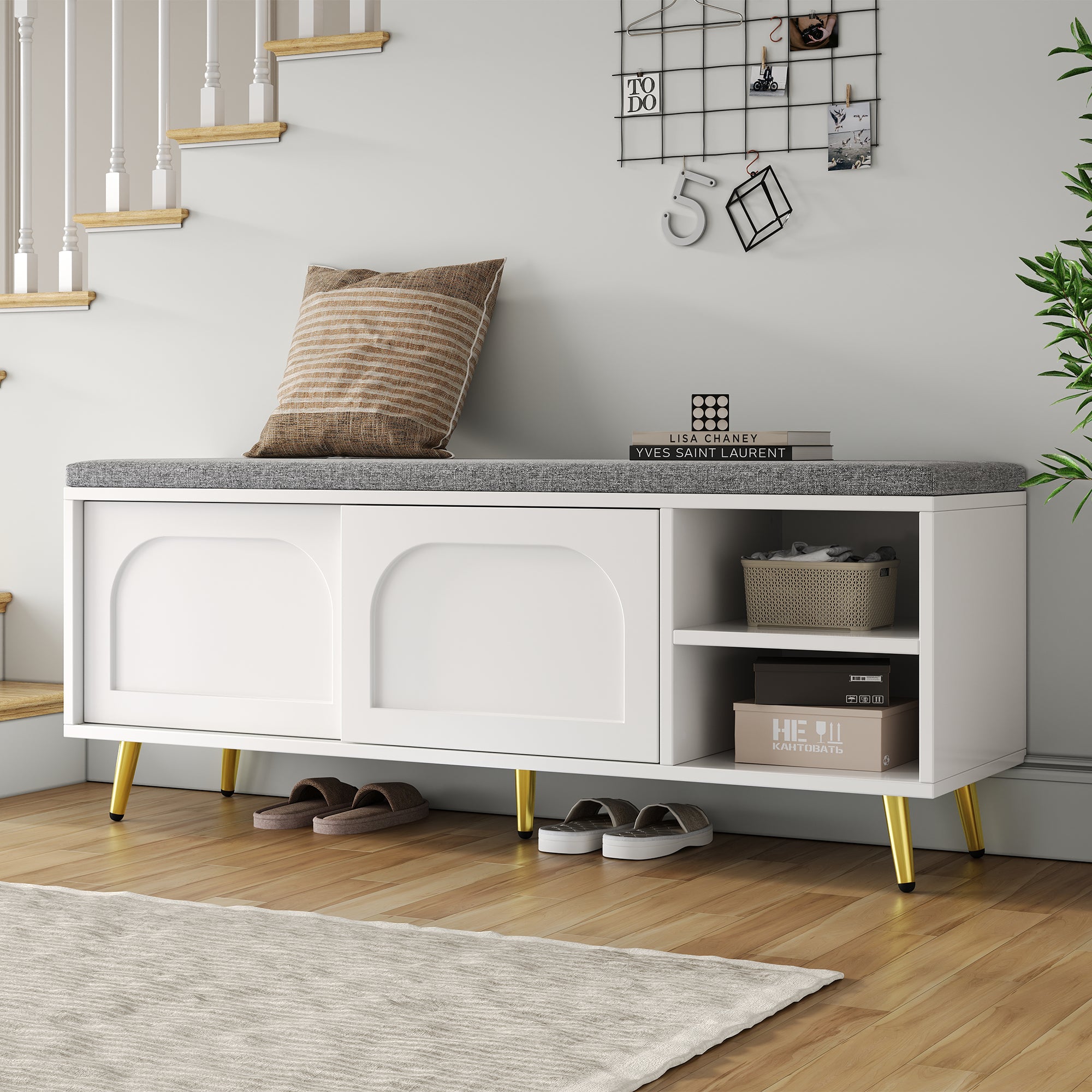 Shoe Bench with Shoe Rack, Seat Cushion, Storage Cabinet, White