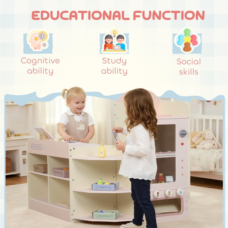 Kids Grocery Store Playset with Cash Register, Vending Machine, and Display Shelves, Pink MDF