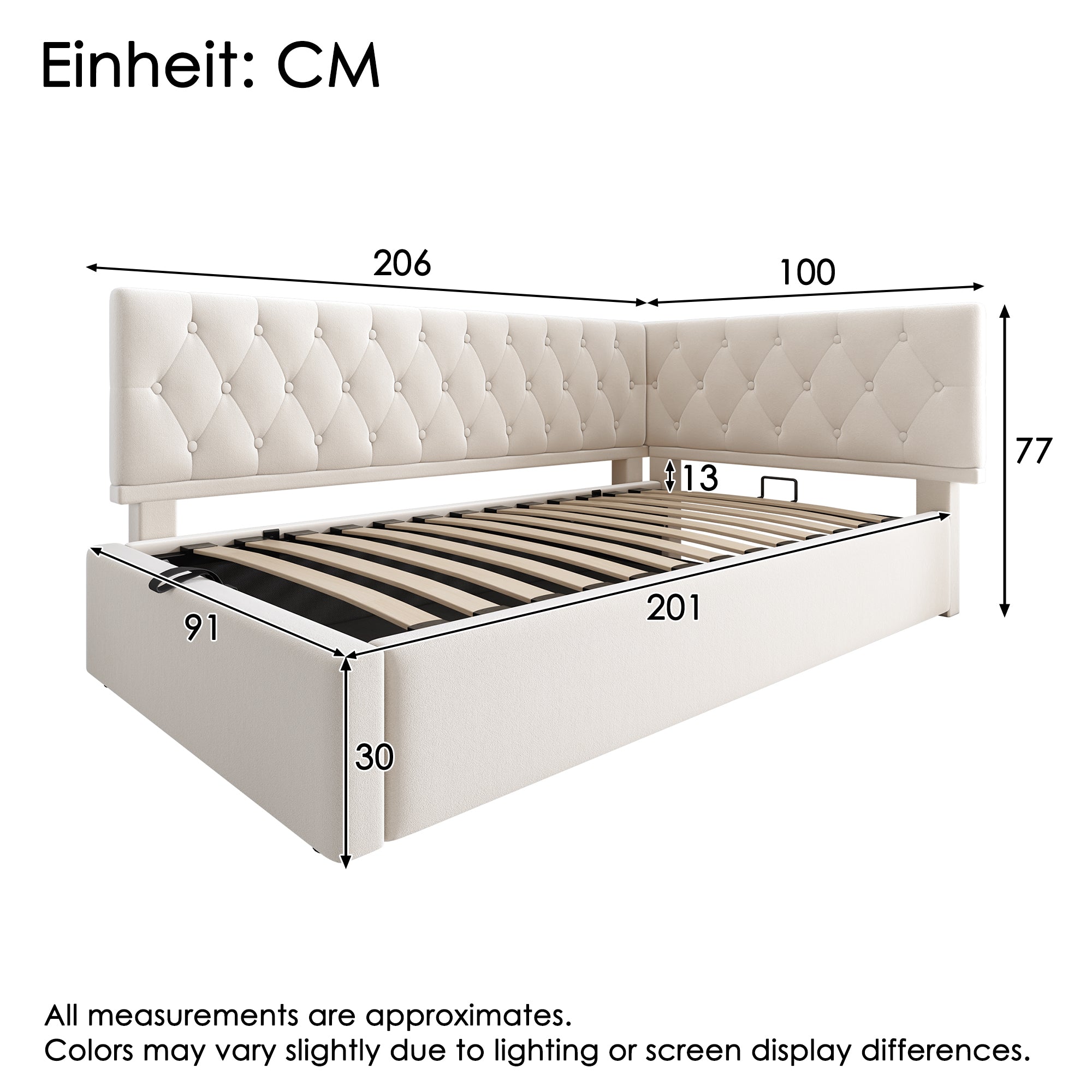 Upholstered Bed, Daybed 90x200cm with Hydraulic Storage, Wooden Slatted Frame, Beige Velvet