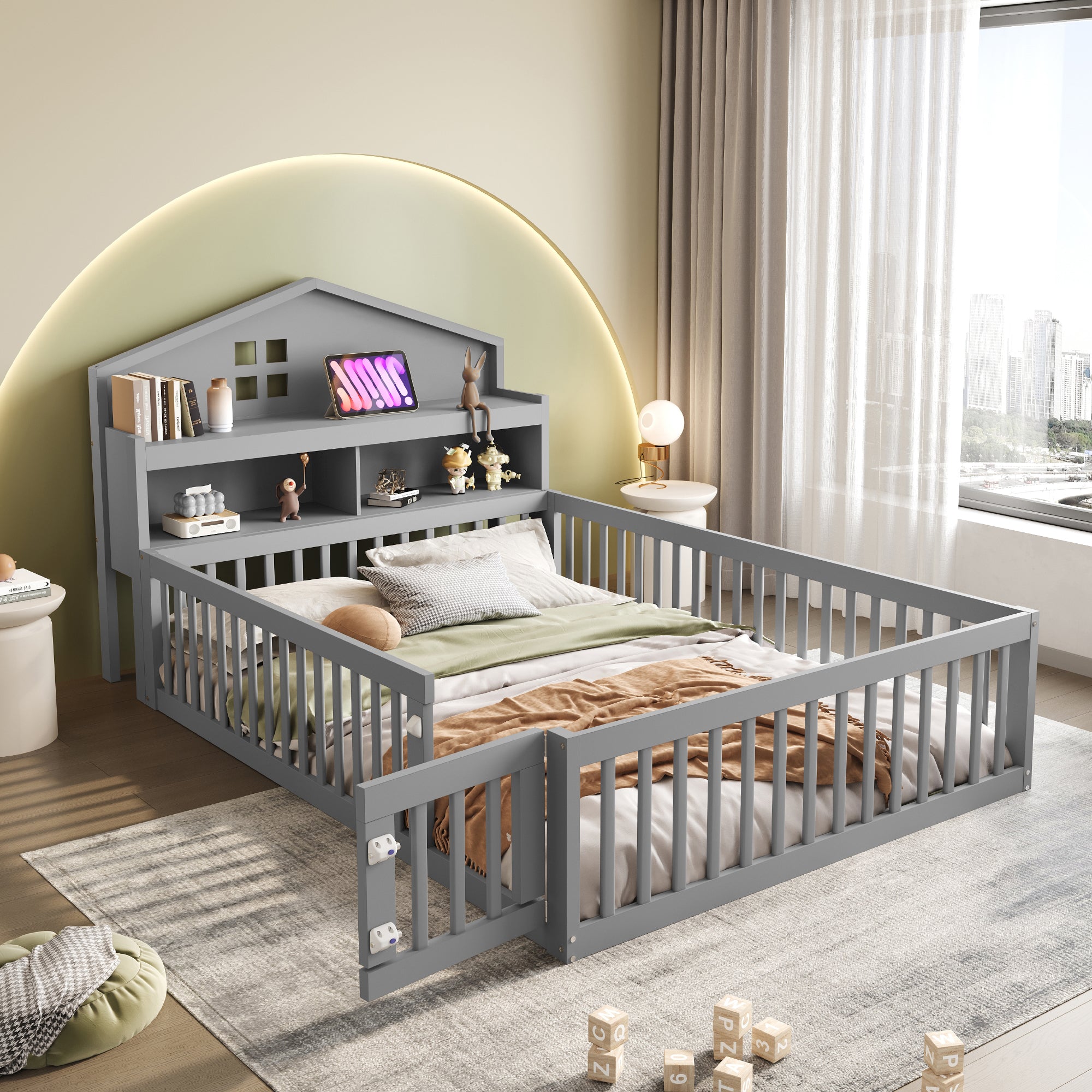 Children's Bed 140x200, House Frame with Shelves, Safety Gate & Slatted Frame, Grey Solid Wood