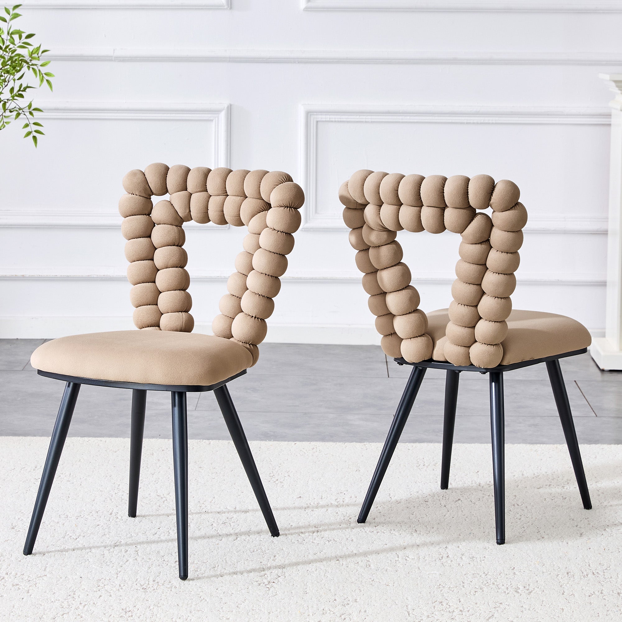 Camel Dining Chairs (Set of 2), Triangular Cutout Backrest, Black Metal Legs, Velvet