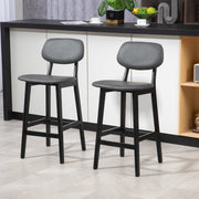 Bar Stools Set of 2, Upholstered with Backs, Footrests, and Solid Wood Legs, Dark Grey PU Leather