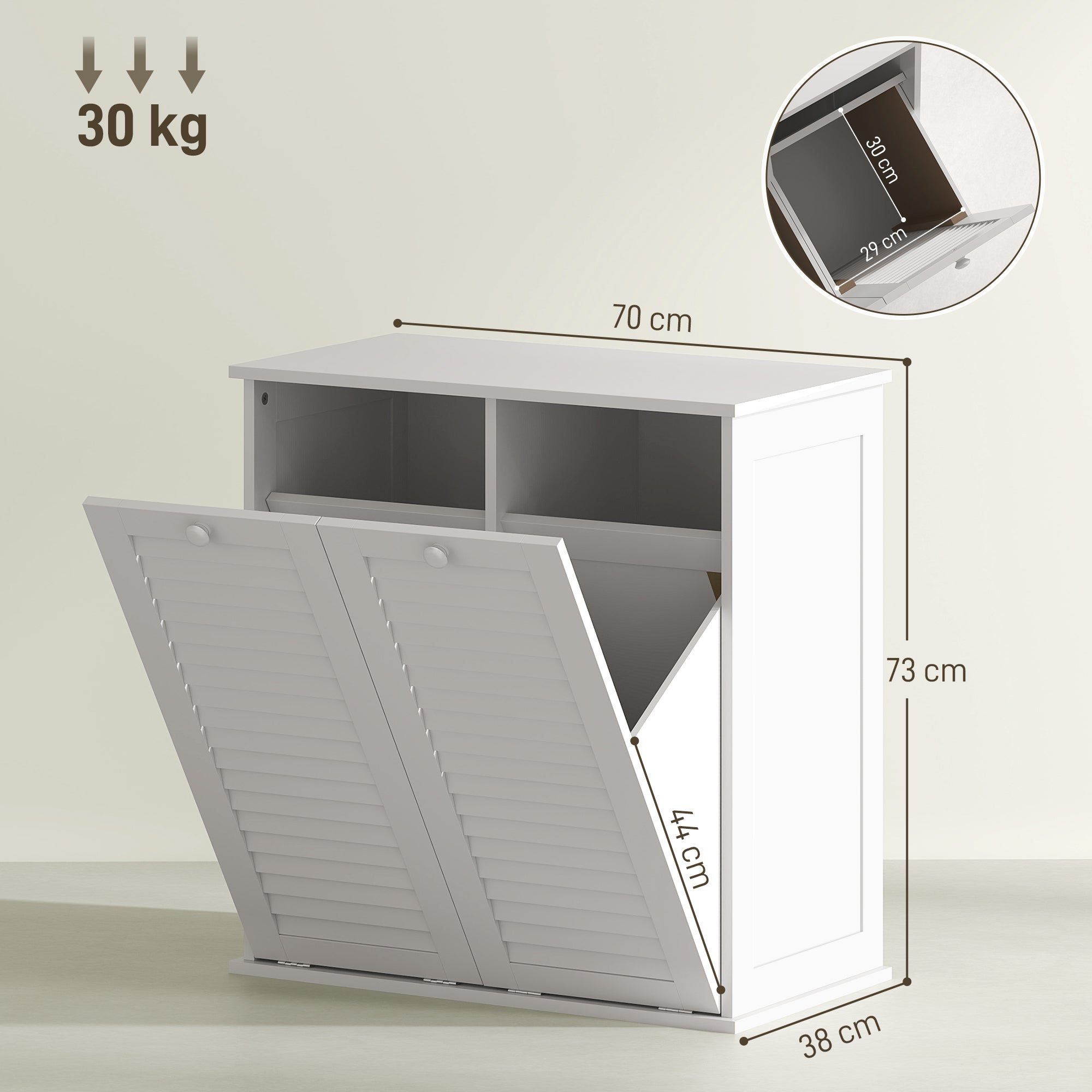 Laundry Cabinet, 2 Baskets, Louvered Doors, White