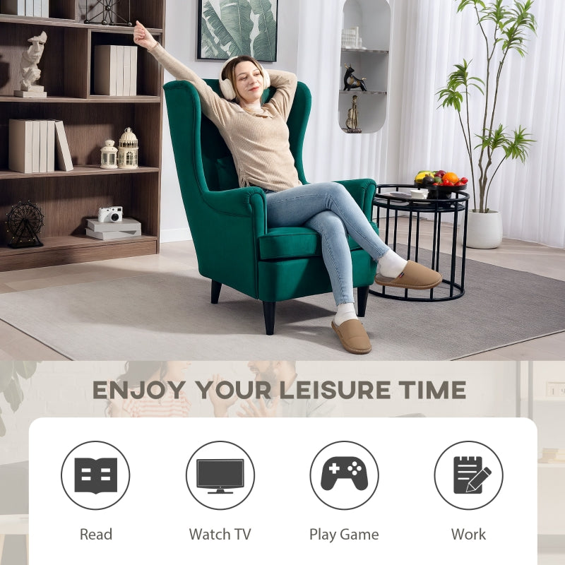 Modern Accent Chair, High Back Wingback Armchair with Pillow, Dark Green Velvet-Feel Fabric