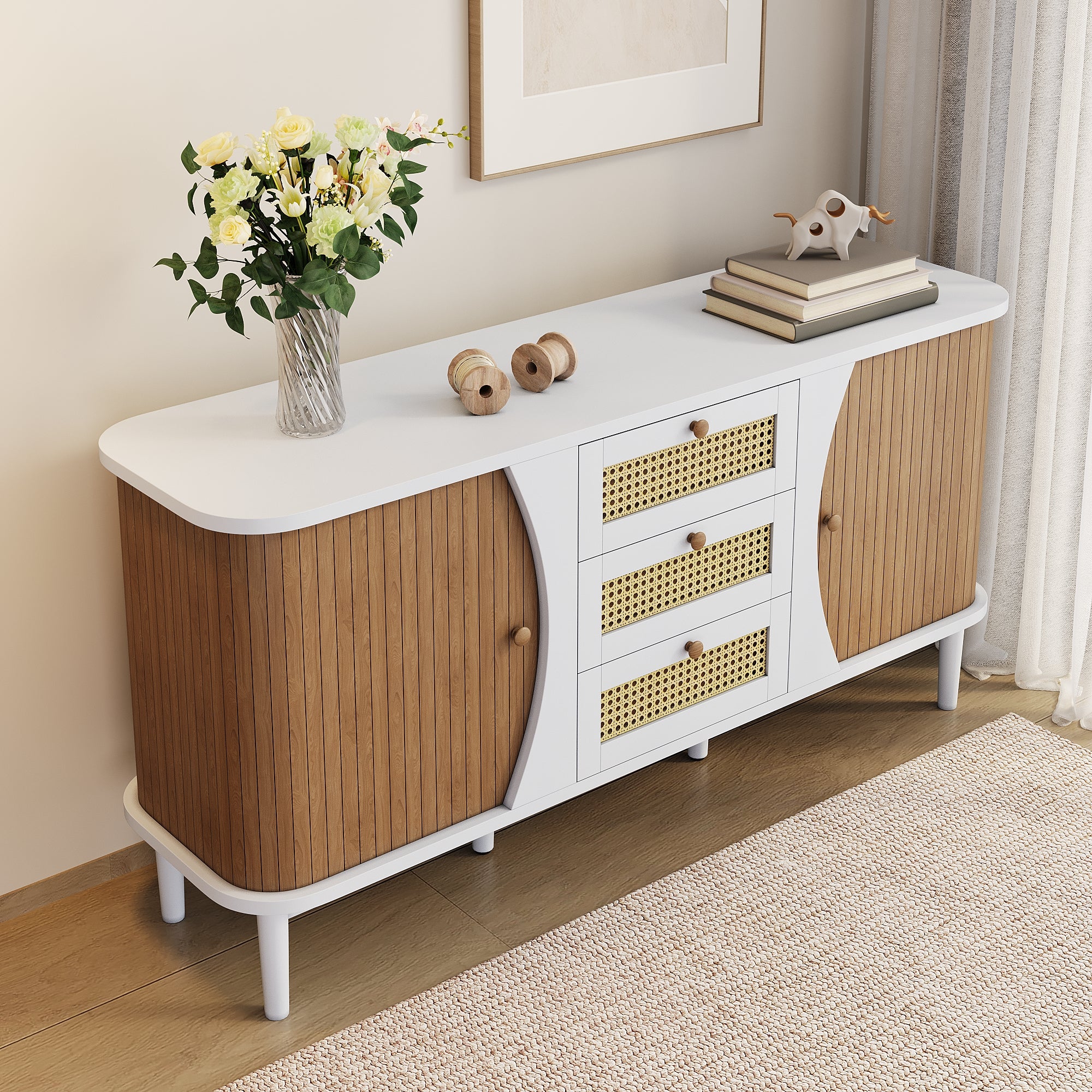 Sideboard, Rattan Sliding Door Chest, Adjustable Shelves, White and Wood