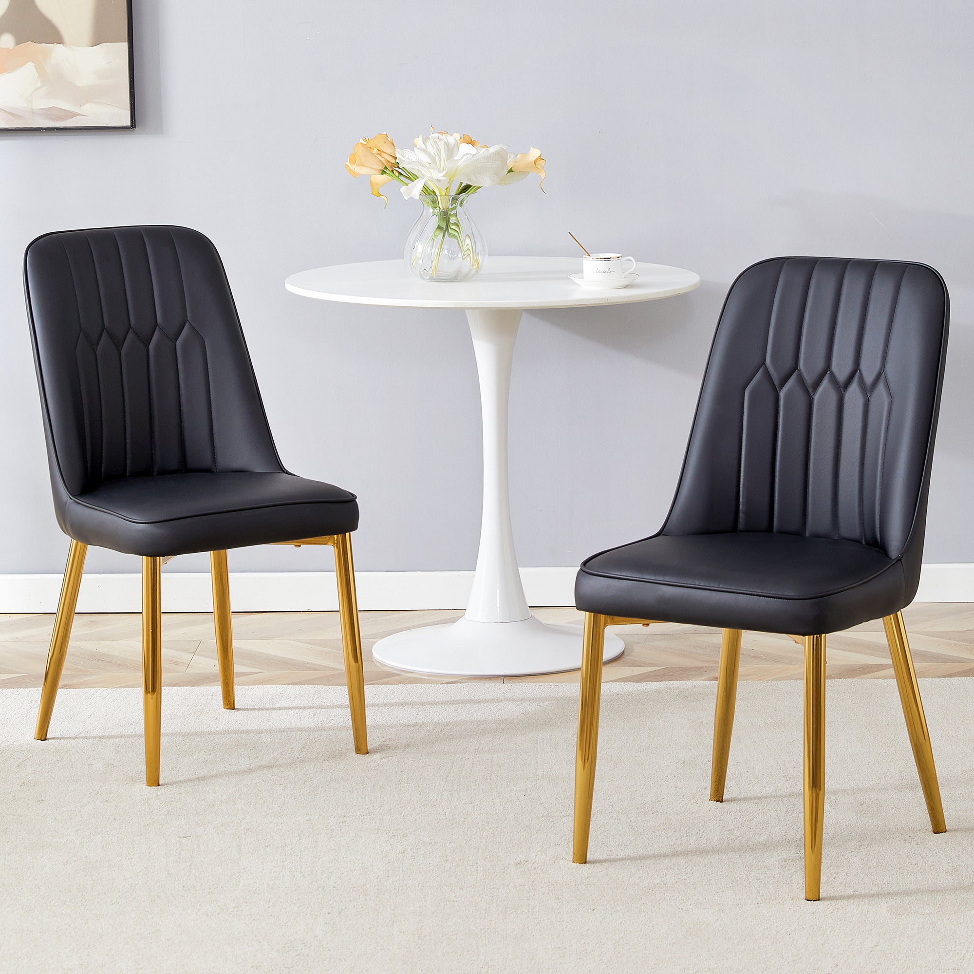 Dining Chairs, Modern Design Widened Seat Metal Feet, Black Faux Leather
