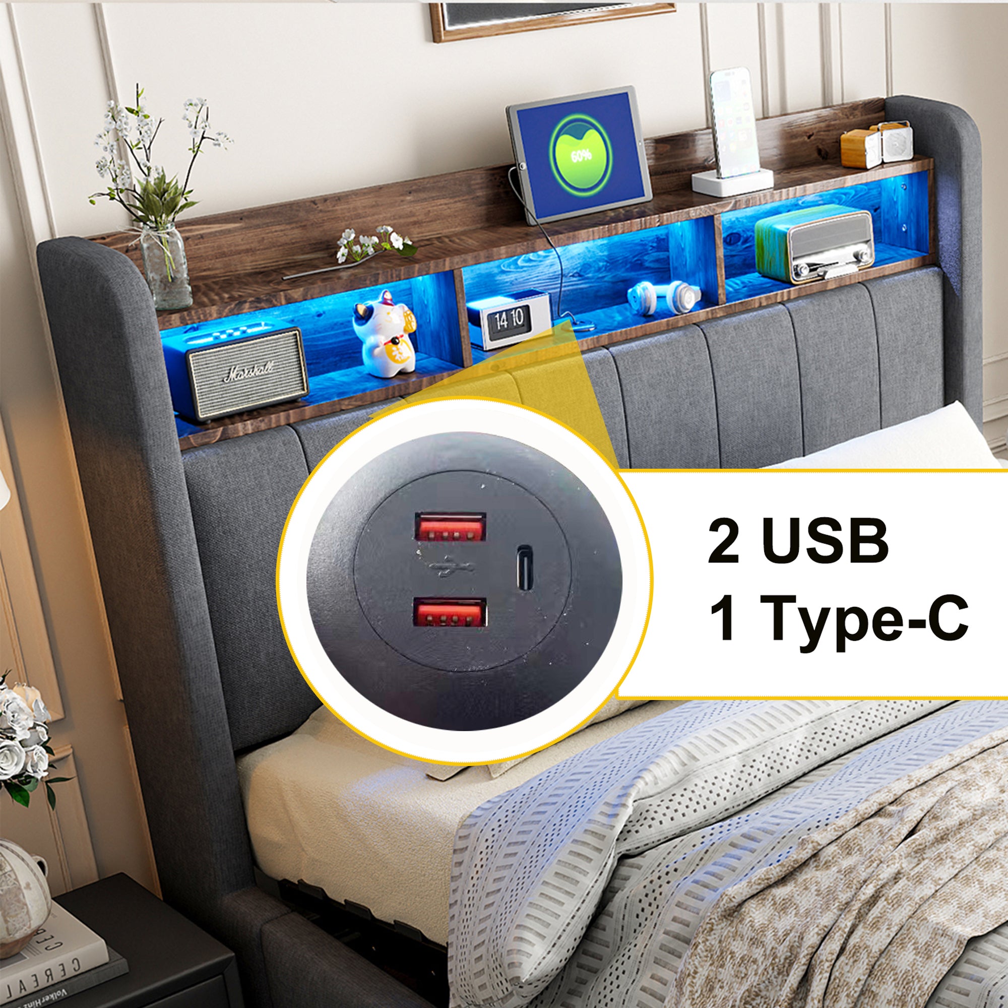 Upholstered Bed 180x200cm LED USB Hydraulic Storage Headboard | Linen Fabric Grey