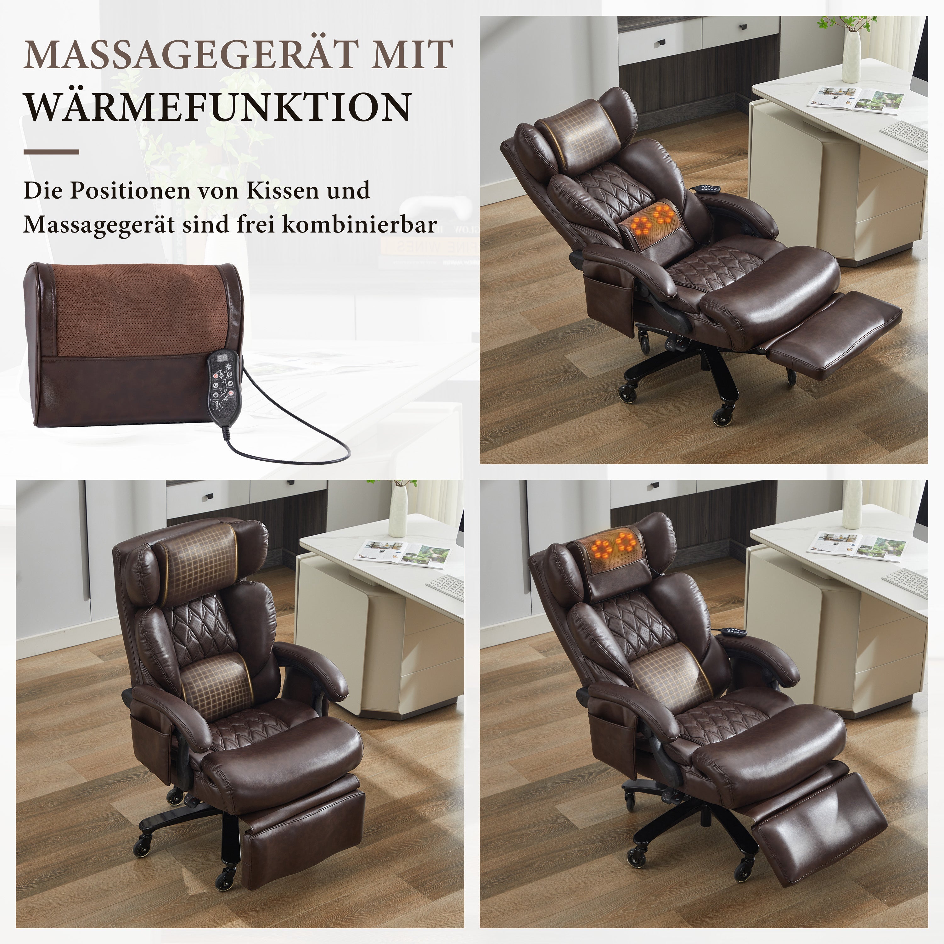 XXL Ergonomic Office Chair with Massage and Heating Function, Footrest and Adjustable Backrest, Brown PU Leather