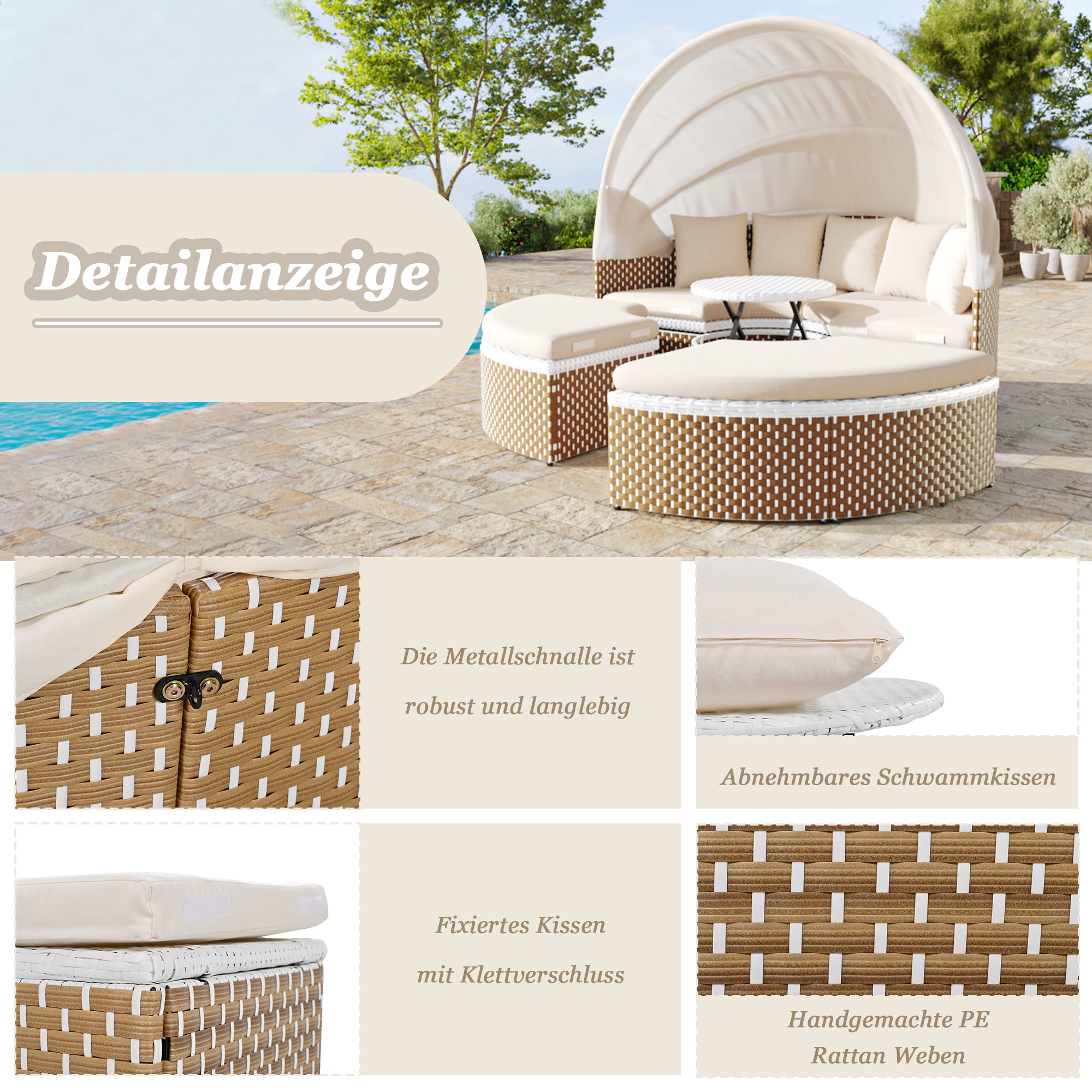 Sun Island Garden Lounge Set Rattan Extendable Canopy Liftable Table Beige
