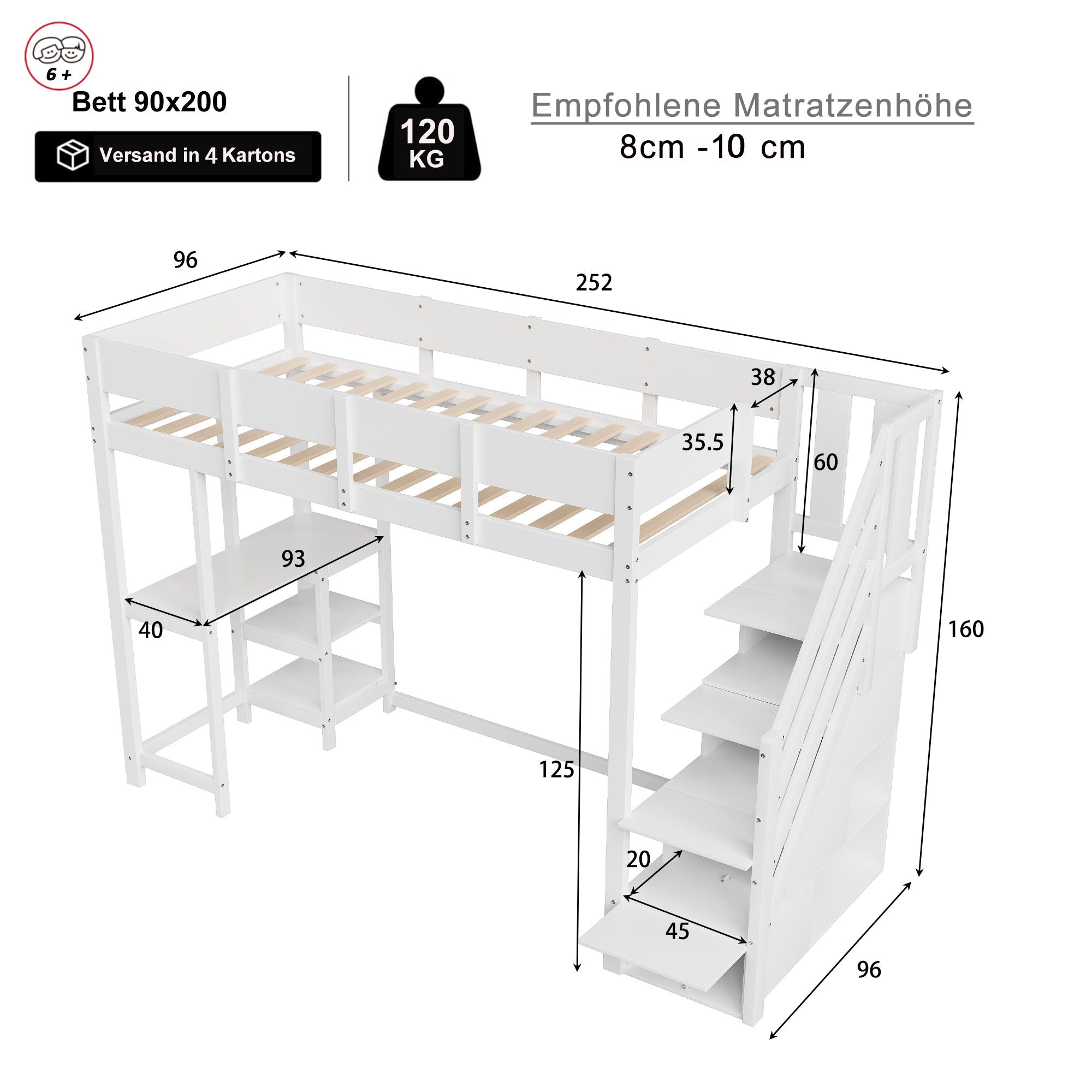 Bunk Bed, Multifunctional Loft with Storage & Shelf, Pine Wood, White