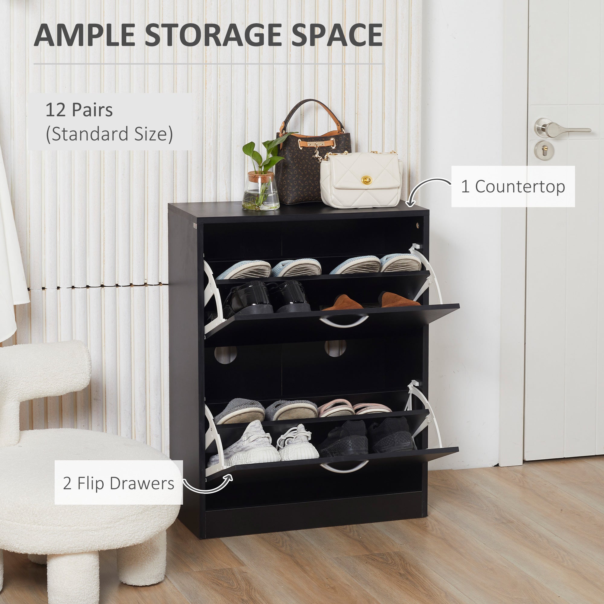 2 Drawer Shoe Cabinet, Slim with Flip Doors for 12 Pairs of Shoes, Black