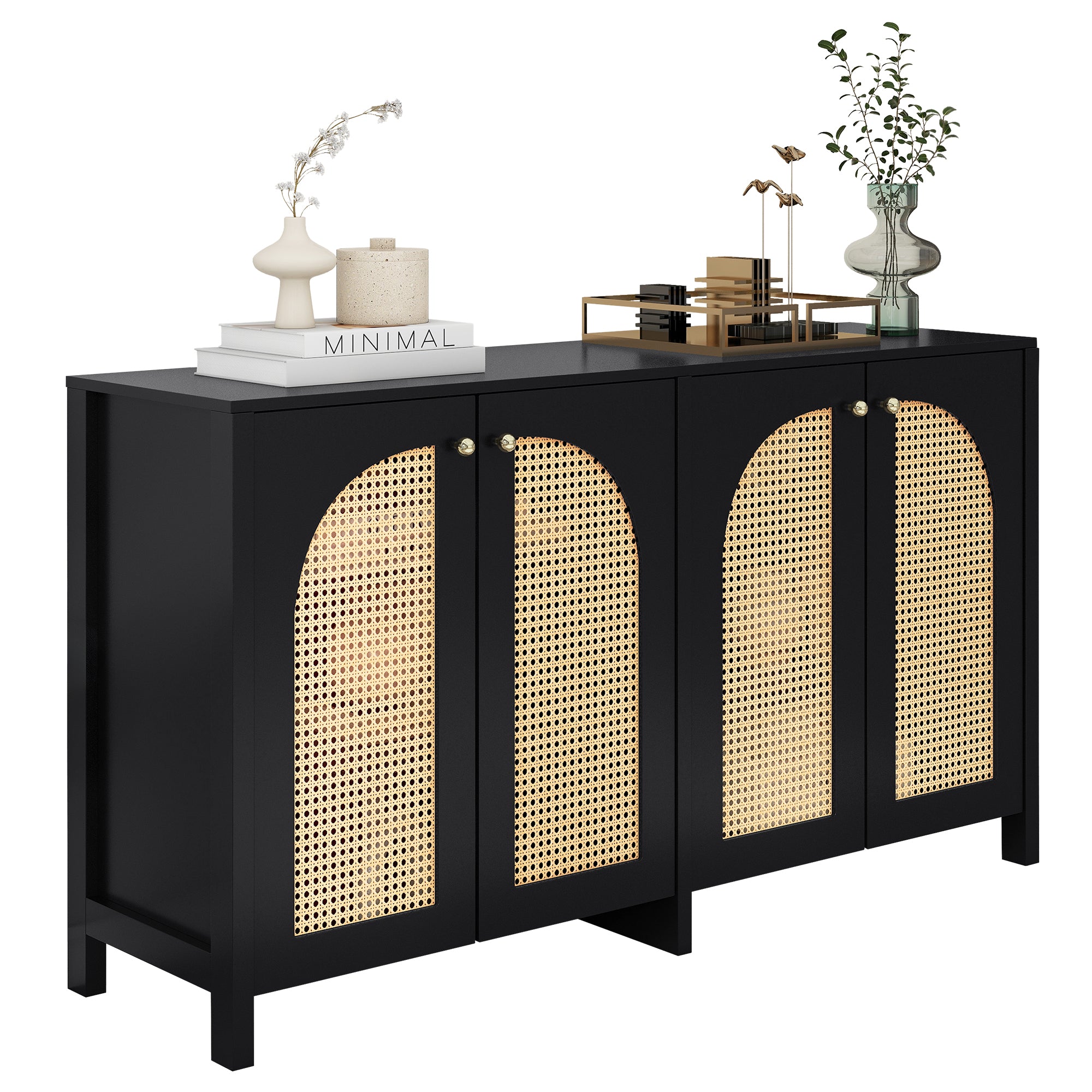 Sideboard, Minimalist with 4 Rattan Doors & Metal Handles, Black