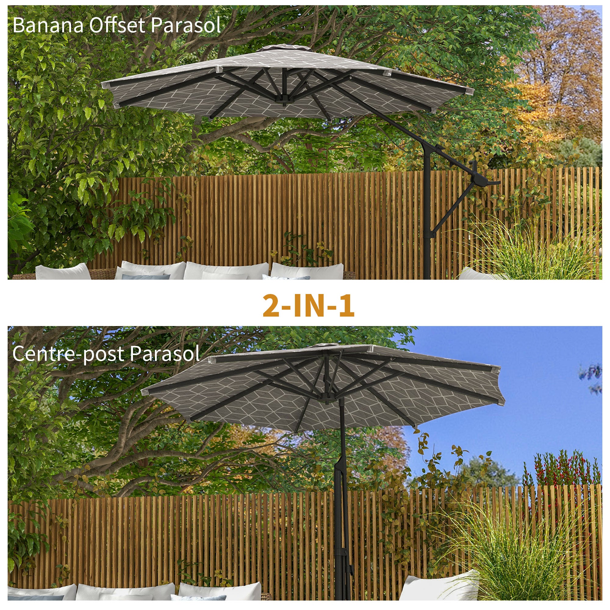 Convertible Cantilever Parasol, 3m, 360° Rotation, Black and White