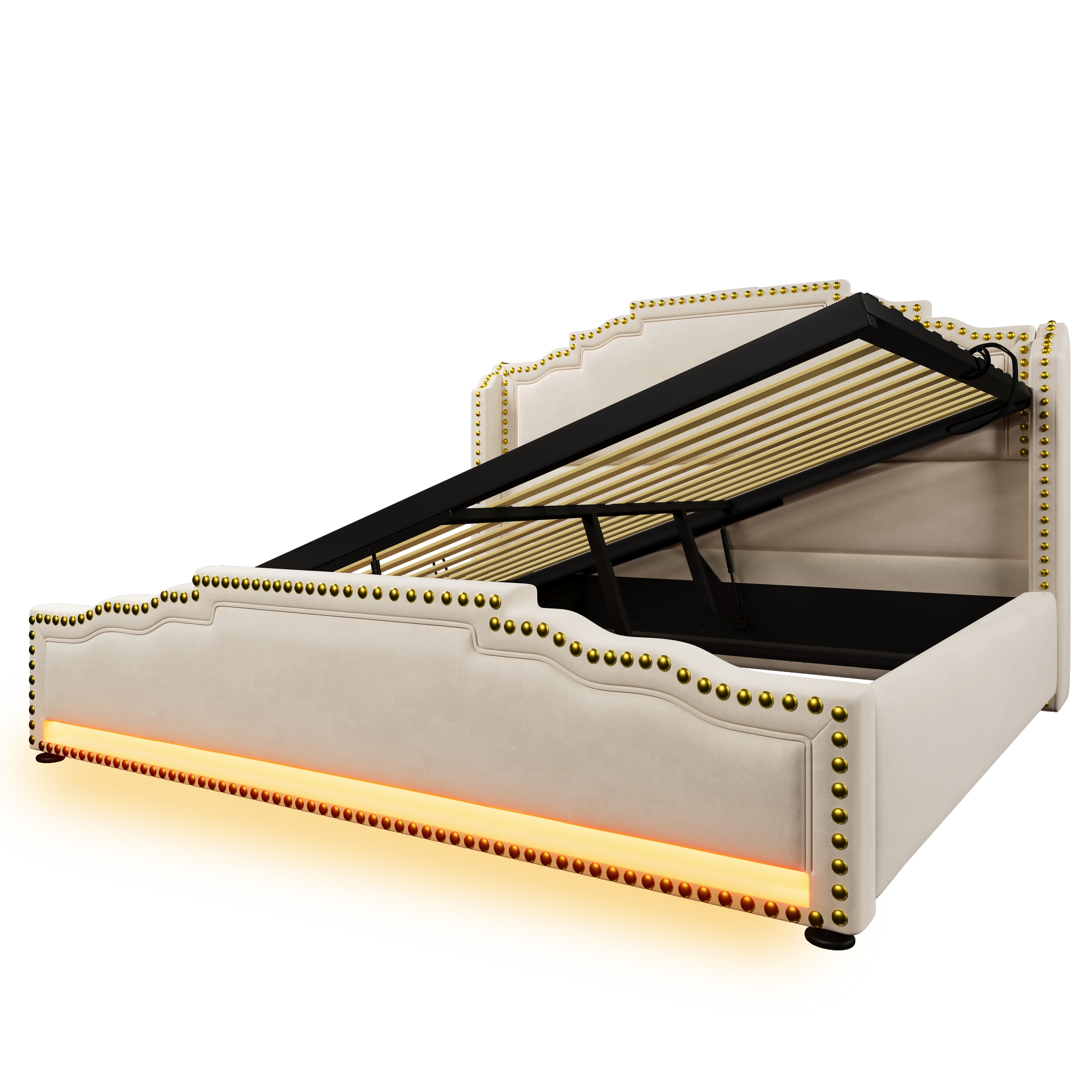 Upholstered Bed 160x200, Hydraulic Storage, LED, USB-C, Velvet Beige