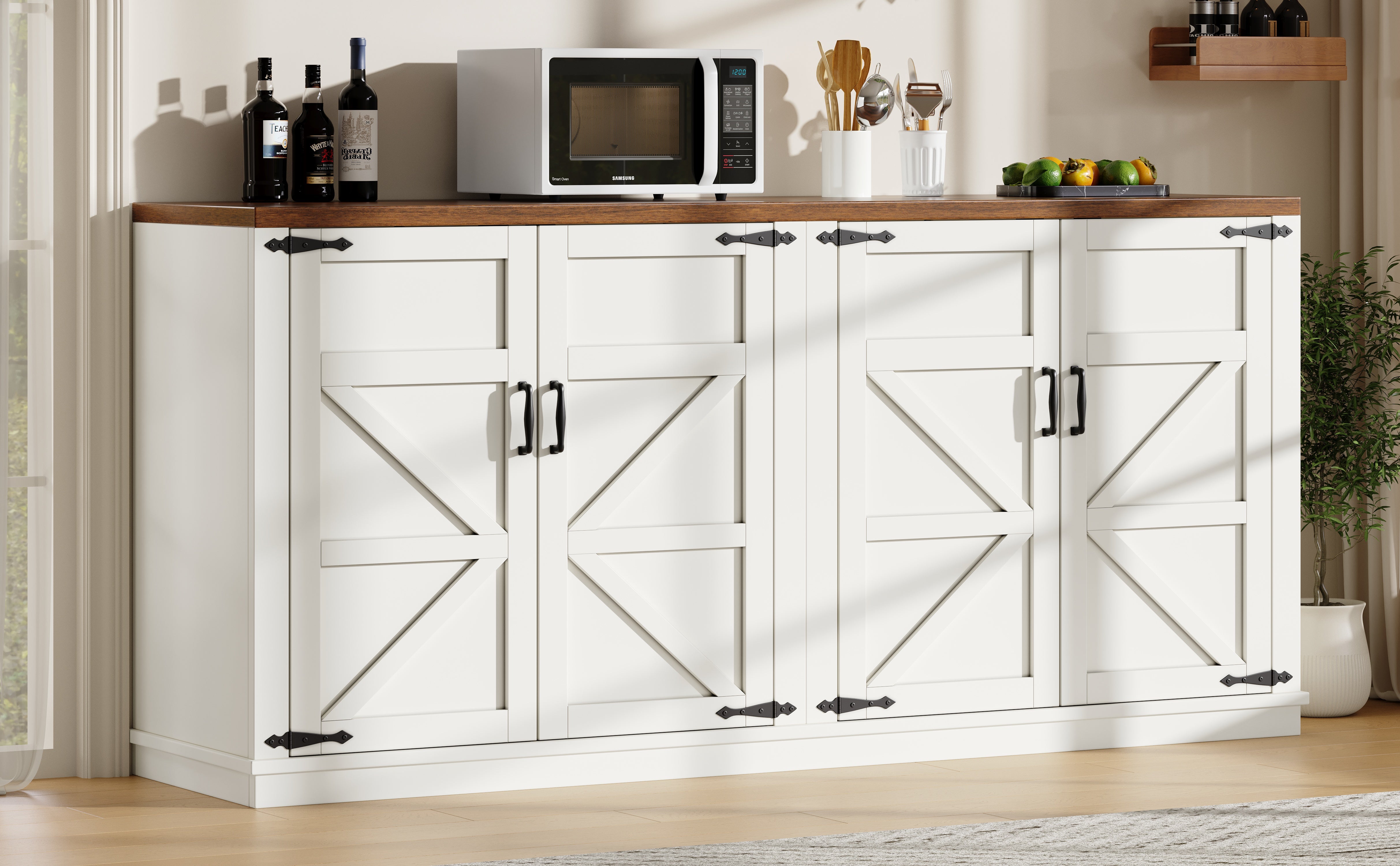 Country Sideboard 4 Doors 160x40x85cm Adjustable Shelves - White
