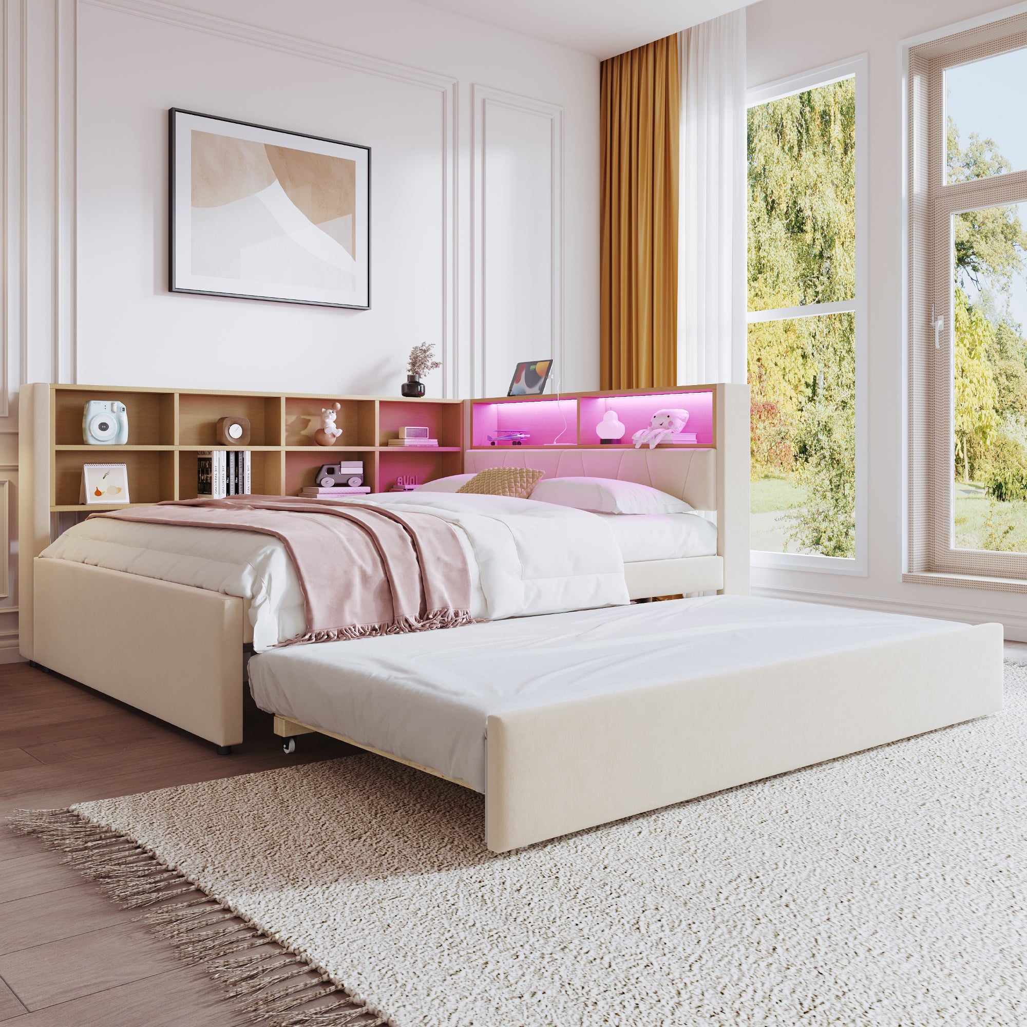 Sofa Bed 140x200, Pull-out 90x190, LED Lights & Storage, Flannel Beige