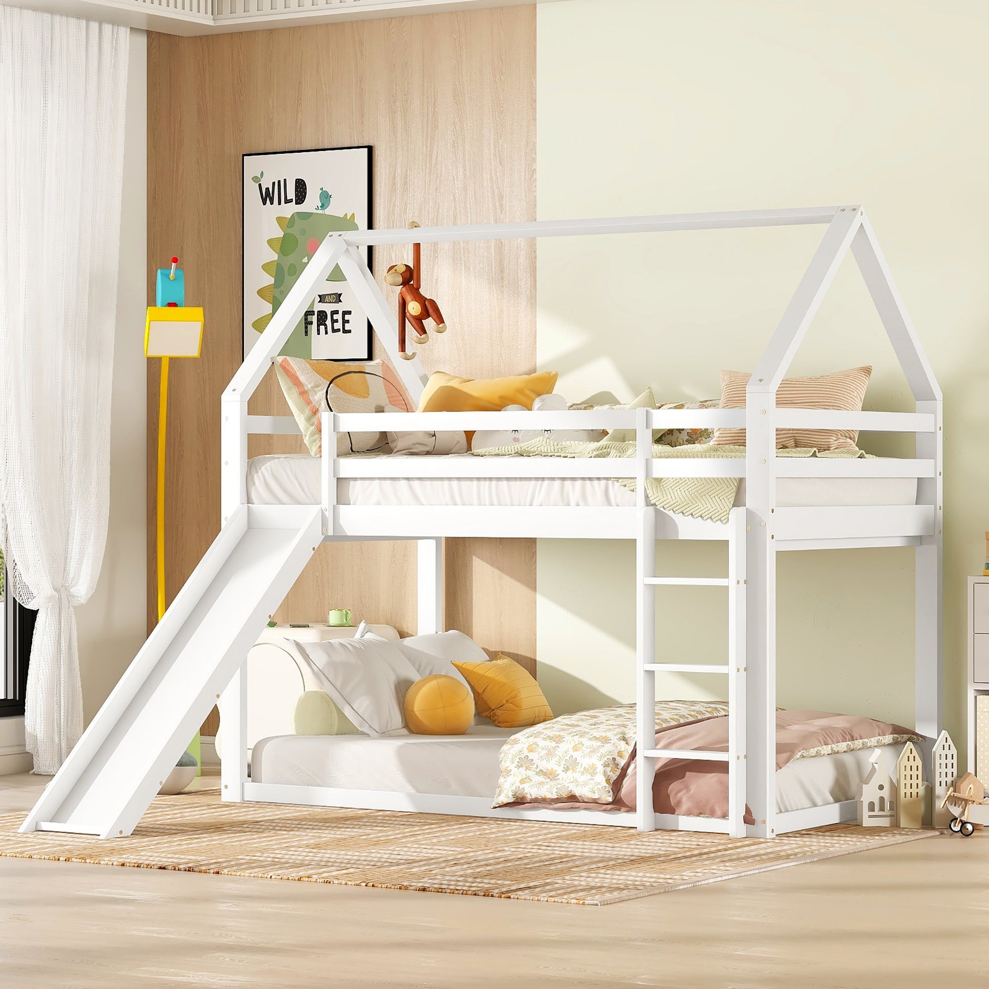 Single House Bunk Bed with Slide and Ladder, 90x200cm, White