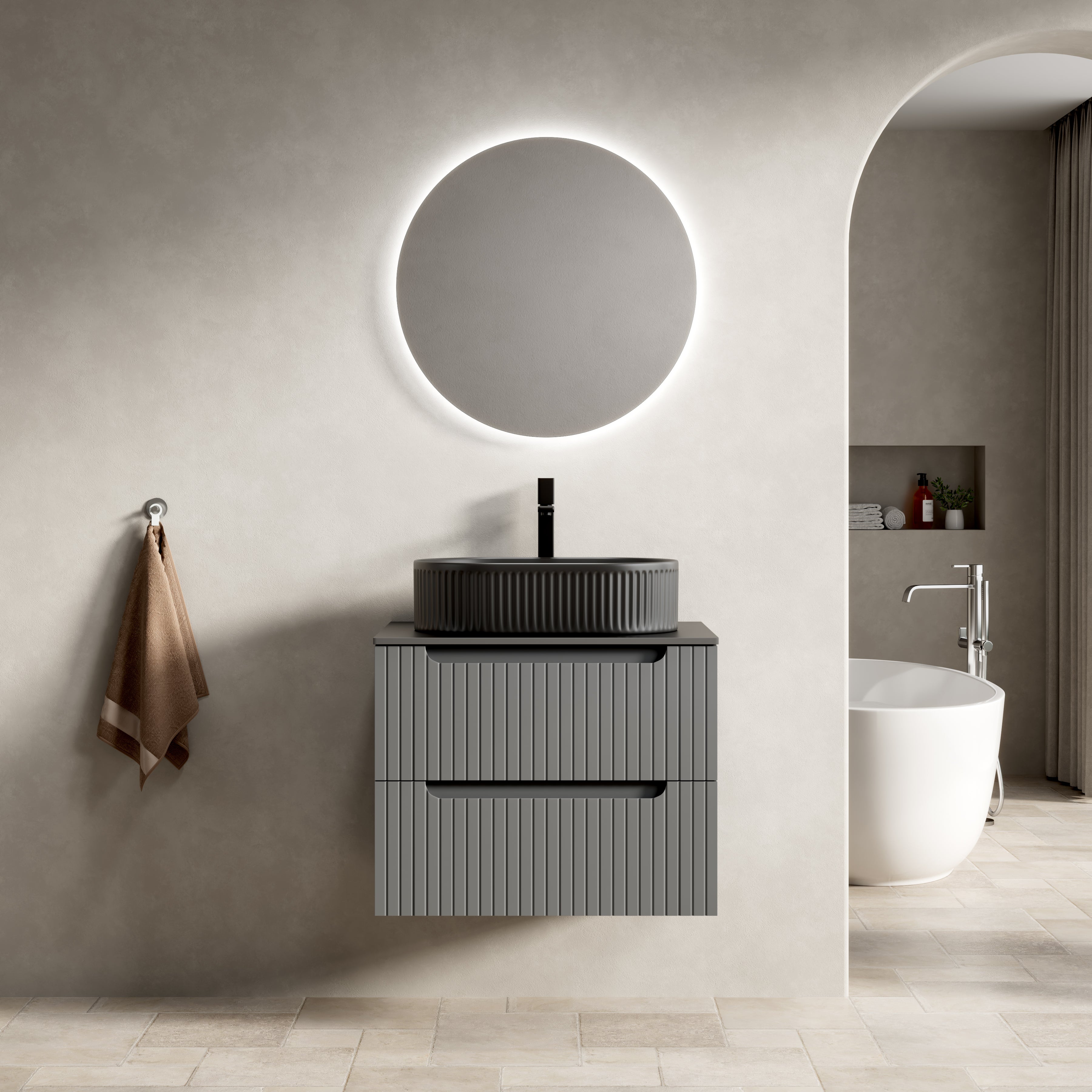 Floating Bathroom Vanity Unit with Oval Sink and Sintered Stone Top, Dark Grey