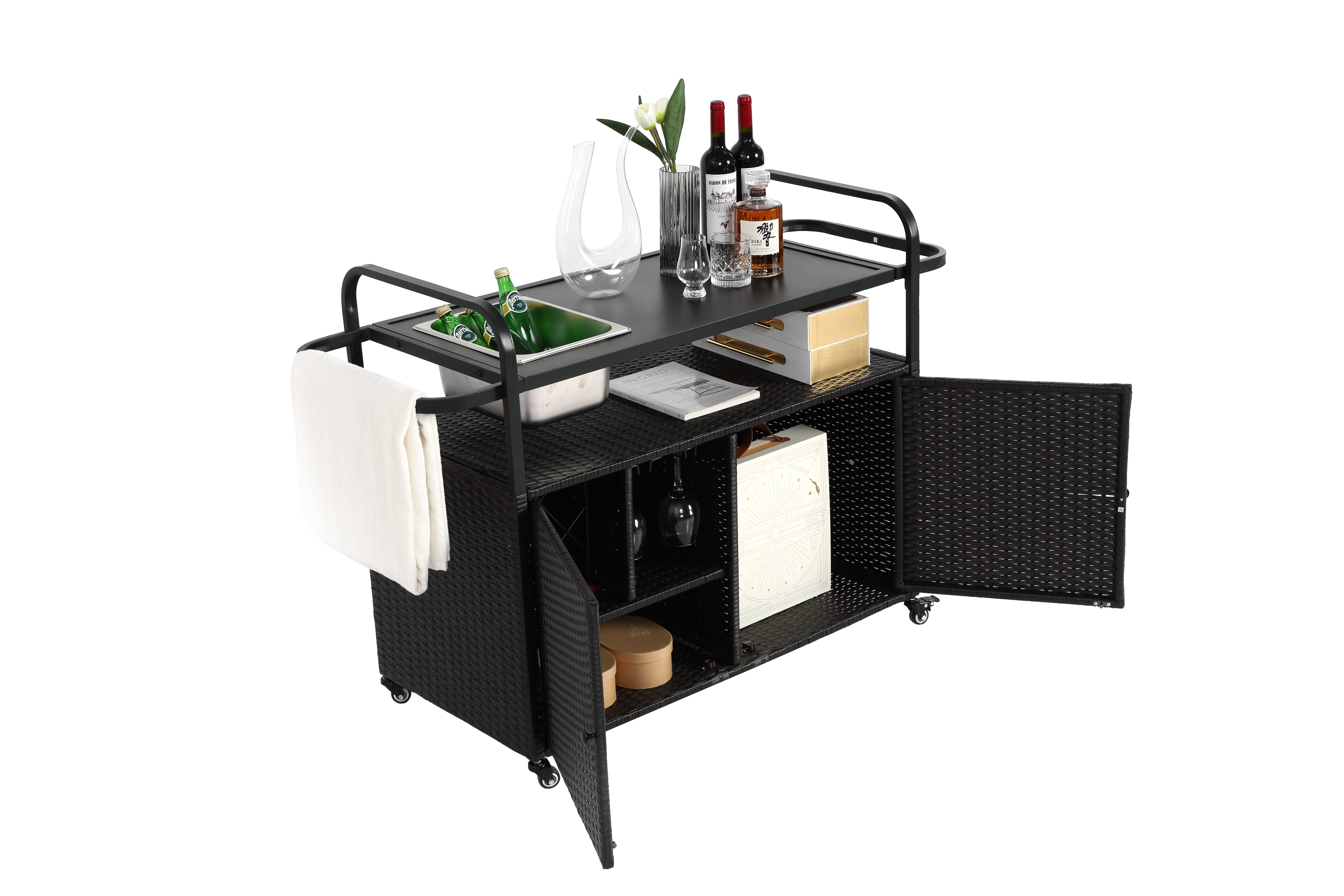 Outdoor Bar Table, Wicker Bar Cart with Cabinet, Patio Serving Cart with Steel Top, Ice Bucket, Lockable Wheels, Side Basket, Black