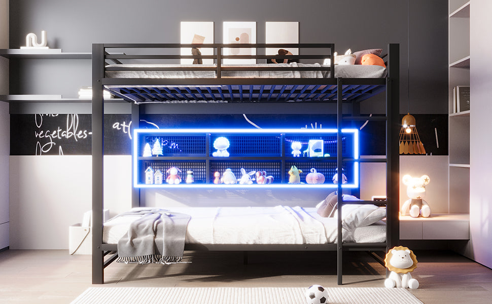 Bunk Bed 140x200 with Storage Cabinets LED Light Black