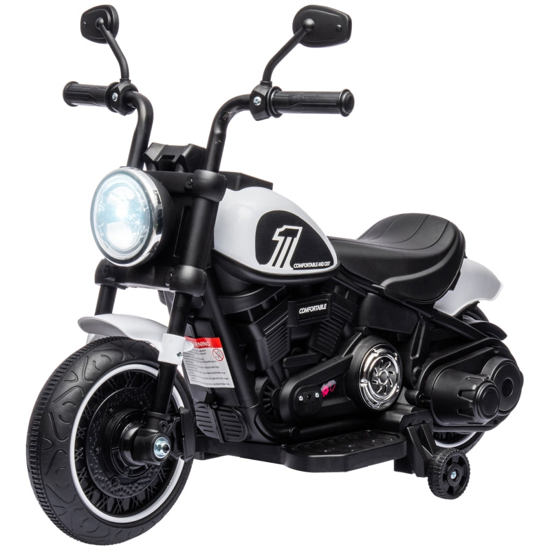 Electric Children's Motorcycle with LED Headlights and Removable Training Wheels, Black and White
