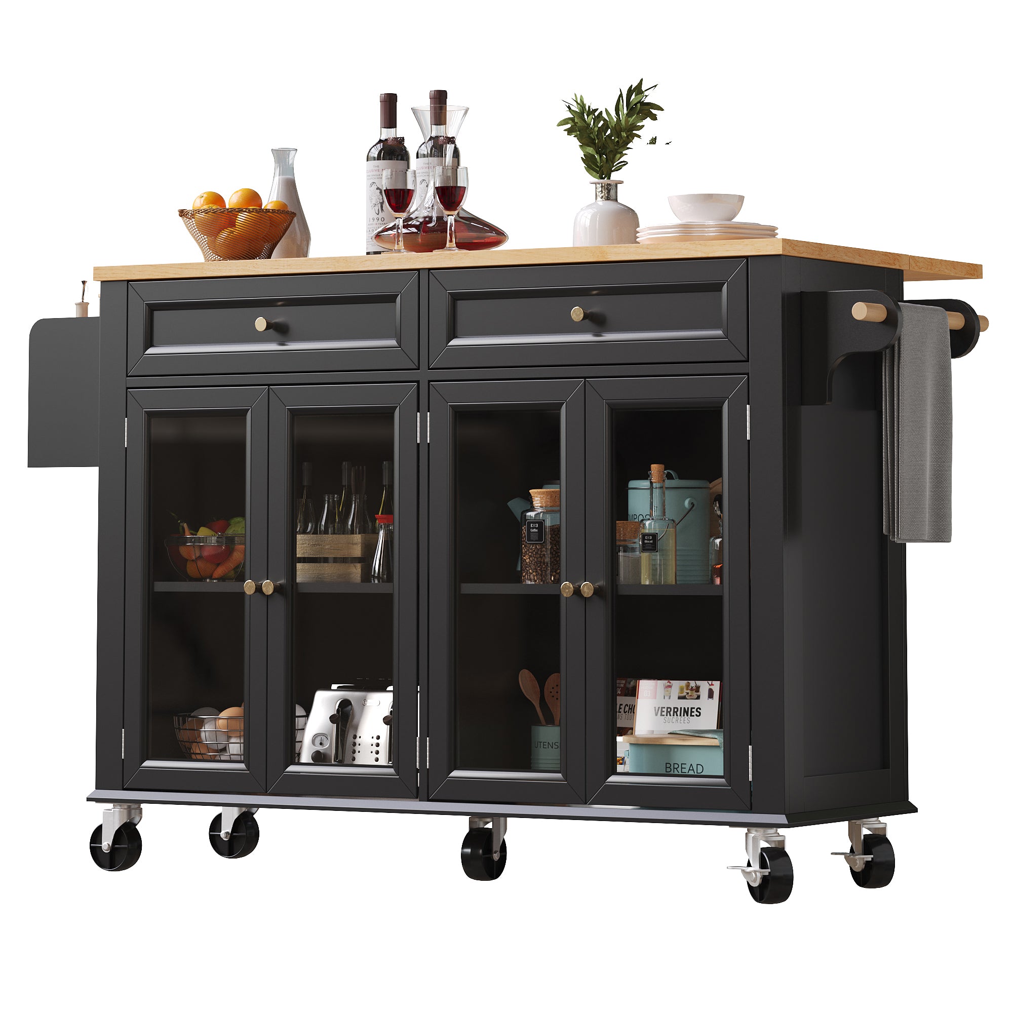 Kitchen Island Serving Trolley Mobile with Wheels Glass Doors Storage Black