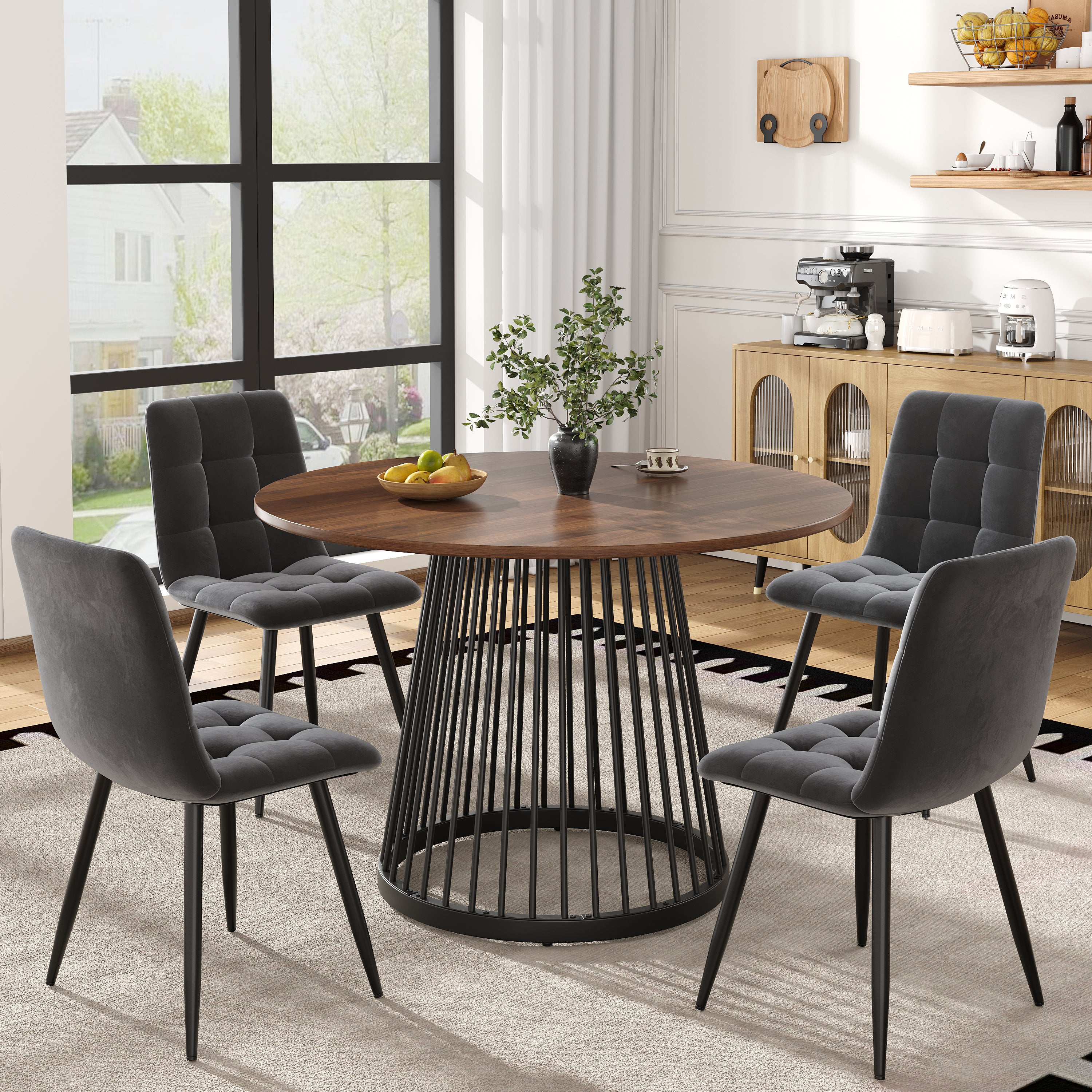 5-Piece Dining Table Set Round 80cm Kitchen Black Metal Walnut MDF/Velvet