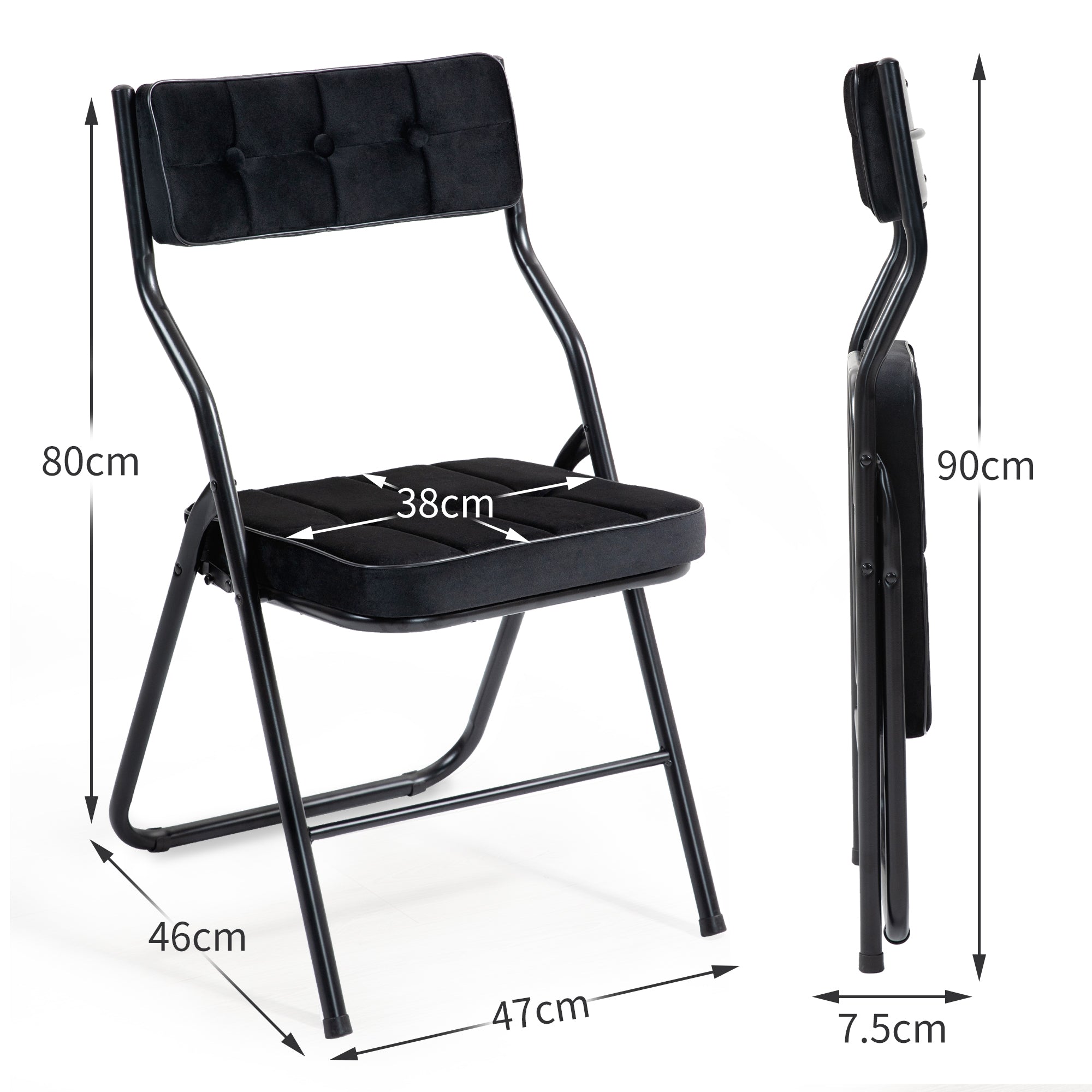 Folding Chairs 2 Pack, Padded Upholstered Seat and Backrest, Black