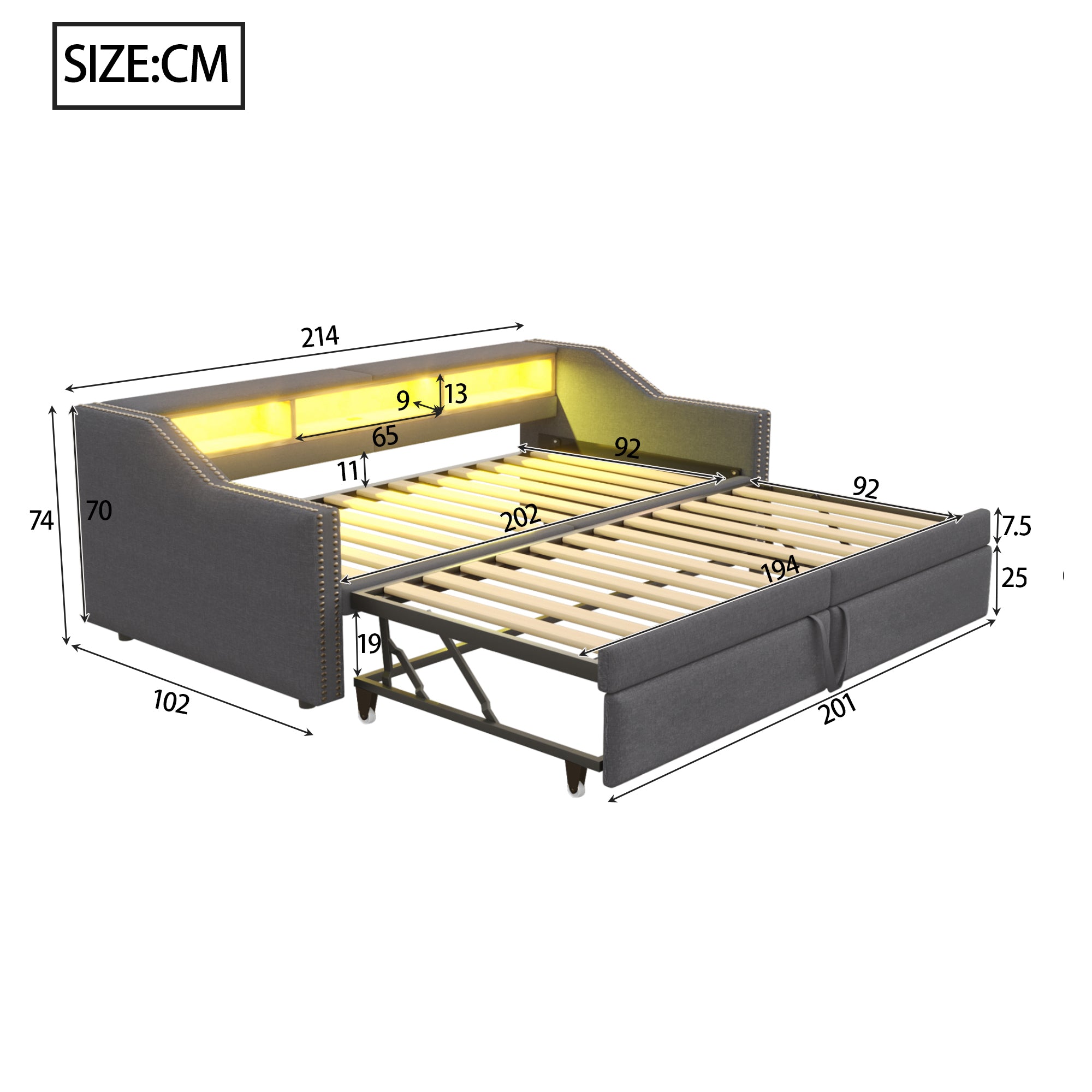 Upholstered Bed, Pull-Out Sofa Bed with Storage, LED Light, USB Port, Slatted Frame, Dark Grey
