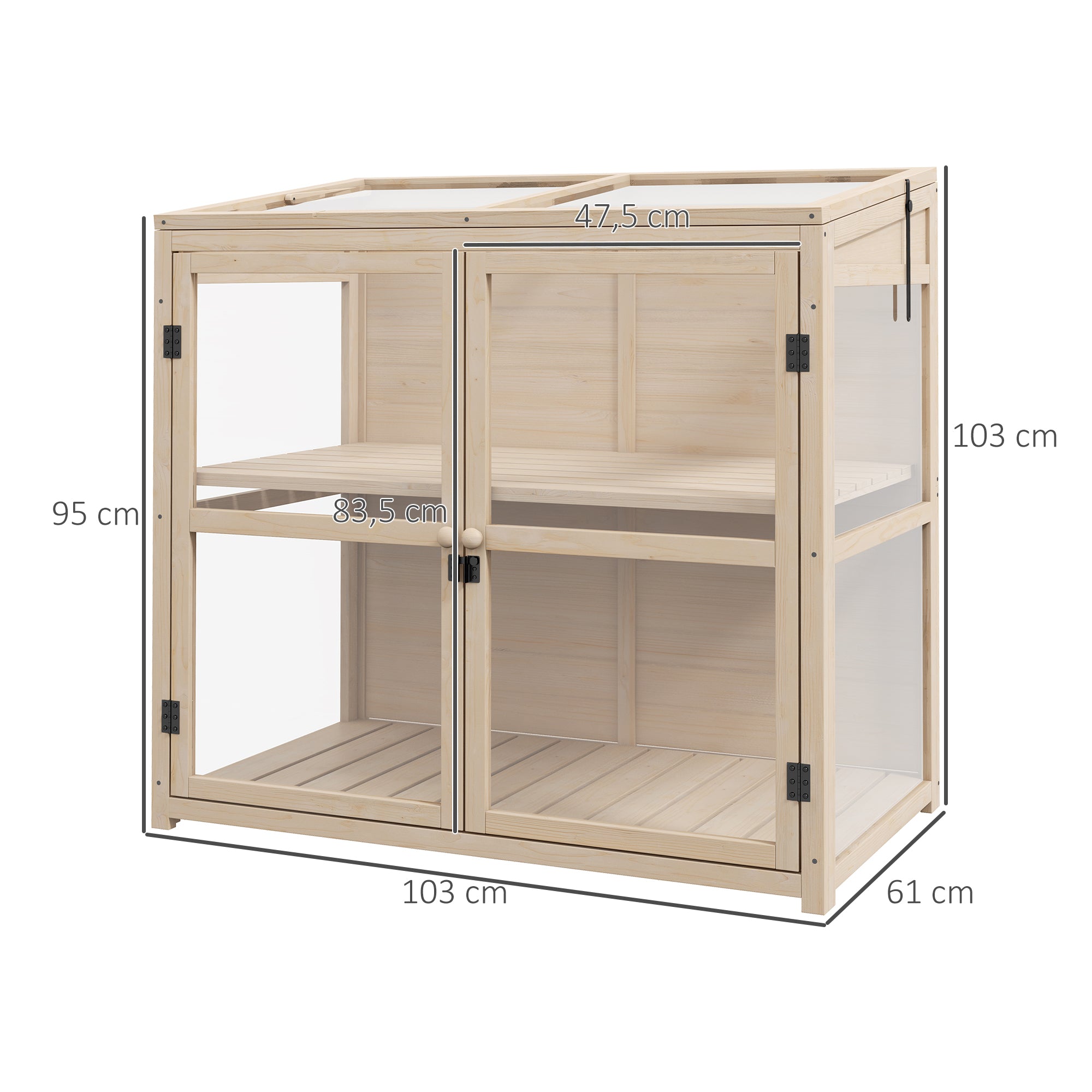 Wooden Cold Frame Greenhouse, 2-Tier Double Doors Roof Window Windproof 103x61x103cm, Natural Finish