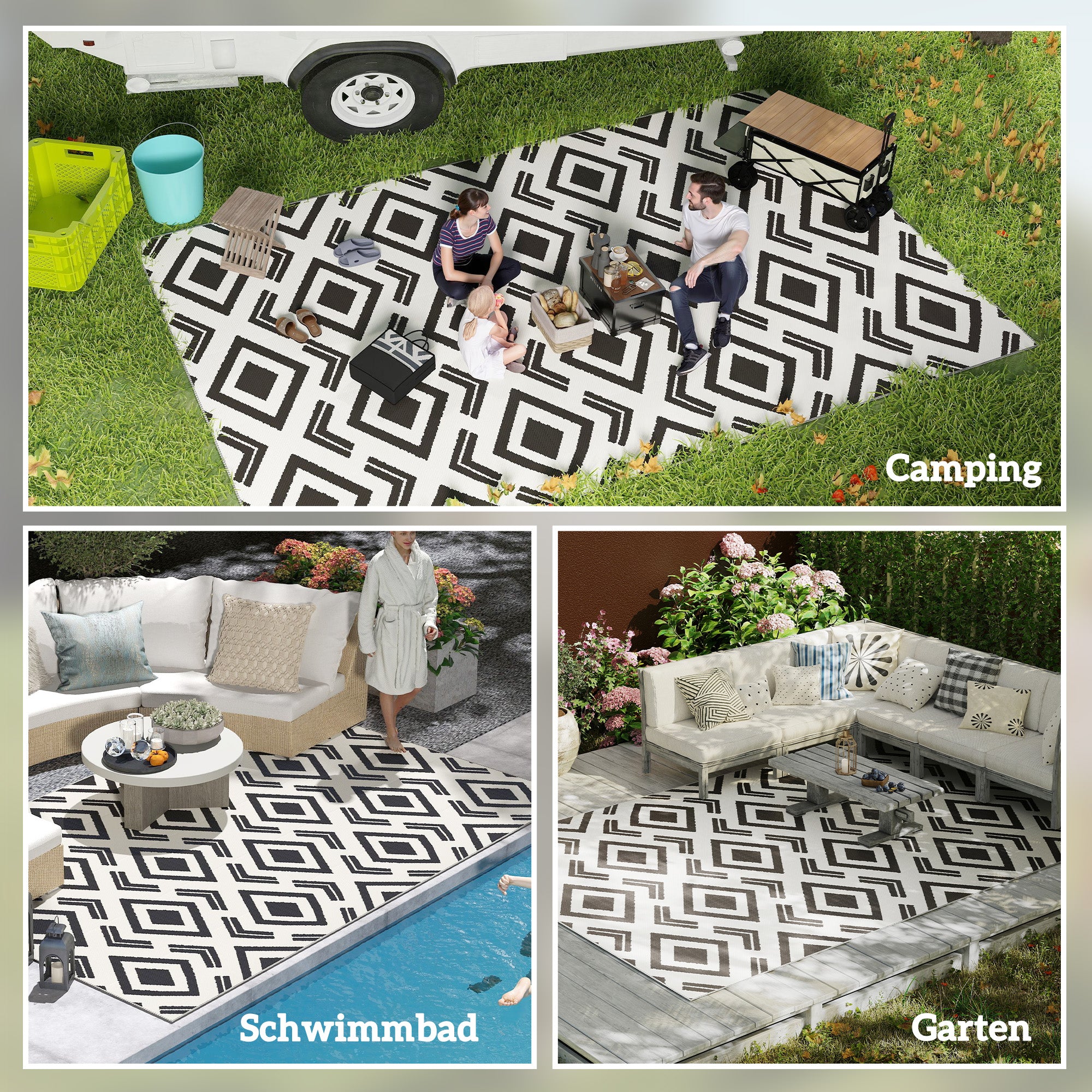 Outdoor Rug, Robust Weatherproof Foldable, Black and White
