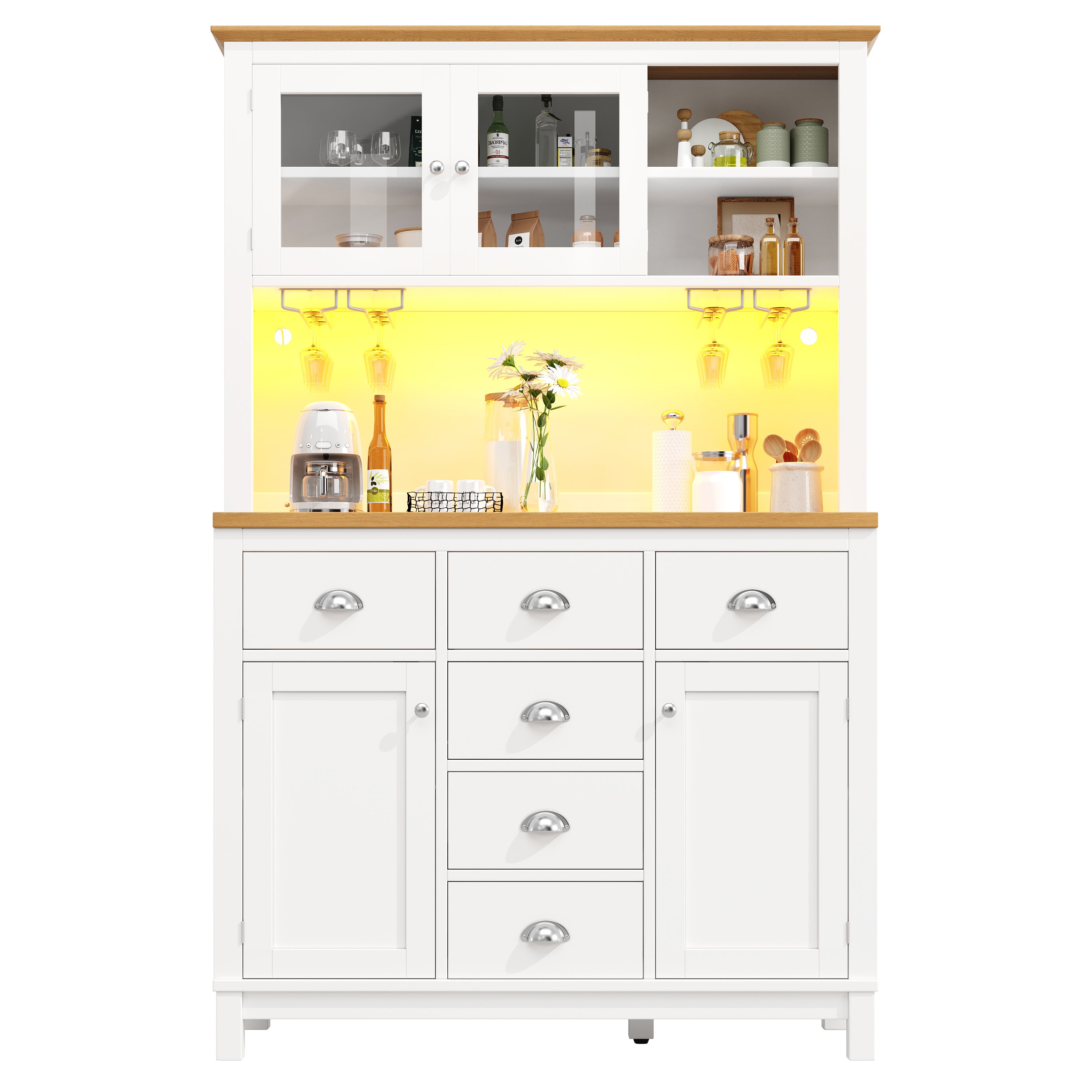 Sideboard Buffet Cabinet with 4 Doors and LED Light Strip, Green and White