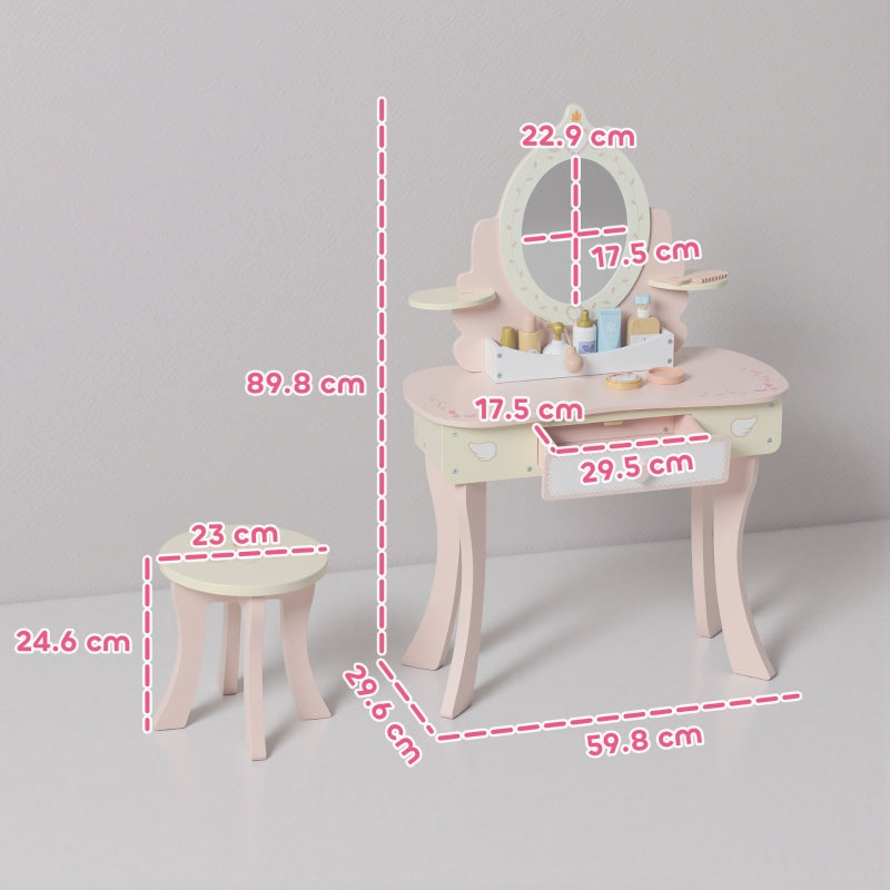 Kids Dressing Table Vanity Set with Mirror Stool Drawer Storage Pink