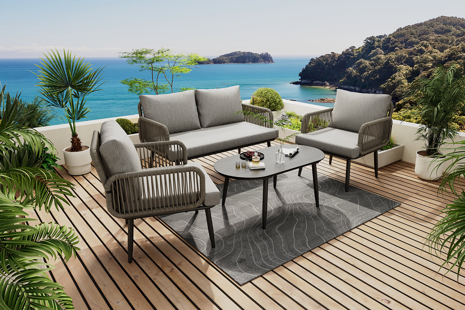 Garden Furniture Set with Sofa, Armchairs, and Coffee Table, Grey Steel and Rope