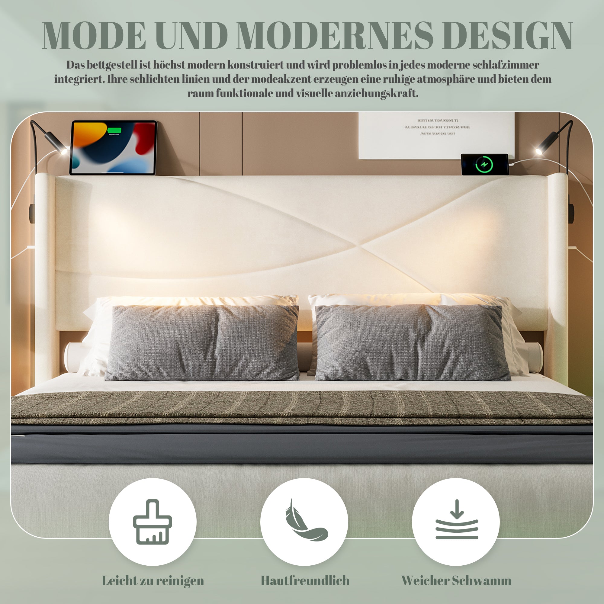 Bed Frame, Modern with Reading Lights, LED, Hydraulic Storage, USB Ports, 140x200cm