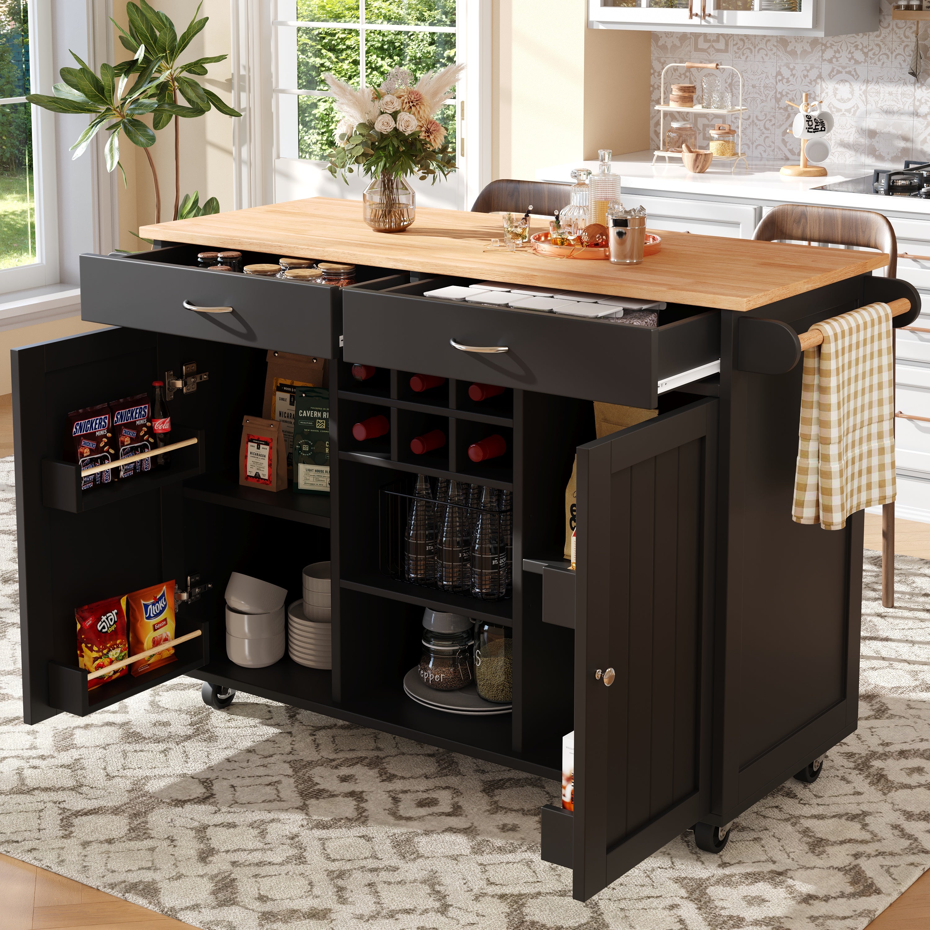 Modern Kitchen Island 102cm Dining Cart Storage - Black